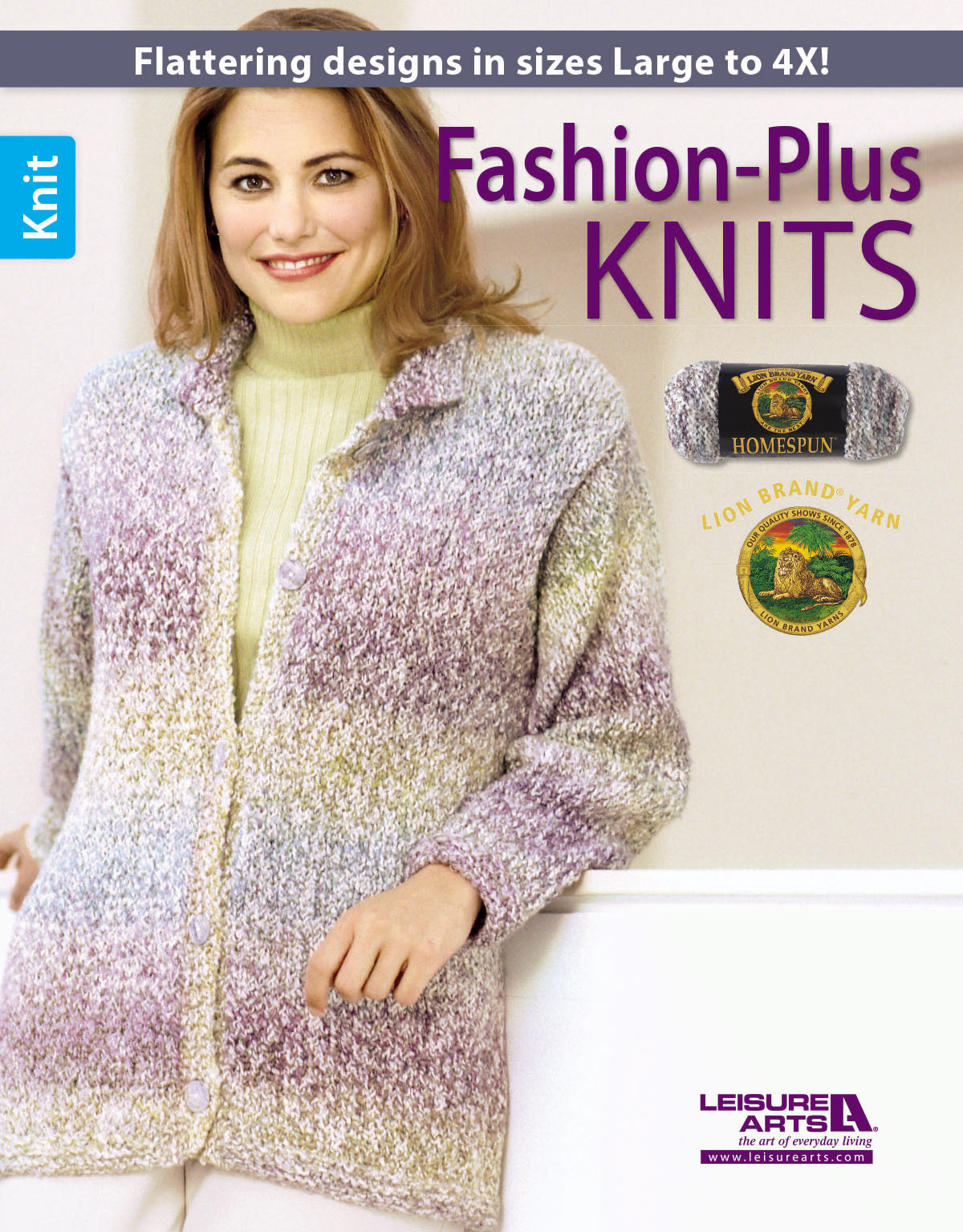 A smiling woman models a pastel, multicolor knit cardigan from "Fashion-Plus Knits" by Leisure Arts, featuring plus-size patterns (L-4X), over a light turtleneck. The Leisure Arts logo appears in the image.
