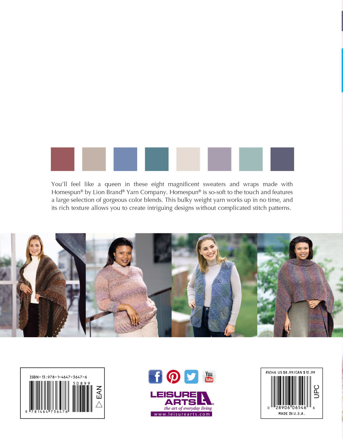 Four women model handmade knitwear in neutral and pastel tones, including plus size patterns. Above them, eight swatches show Lion Brand Homespun bulky yarn. "Fashion-Plus Knits" by Leisure Arts is noted along with publisher and barcode details below.