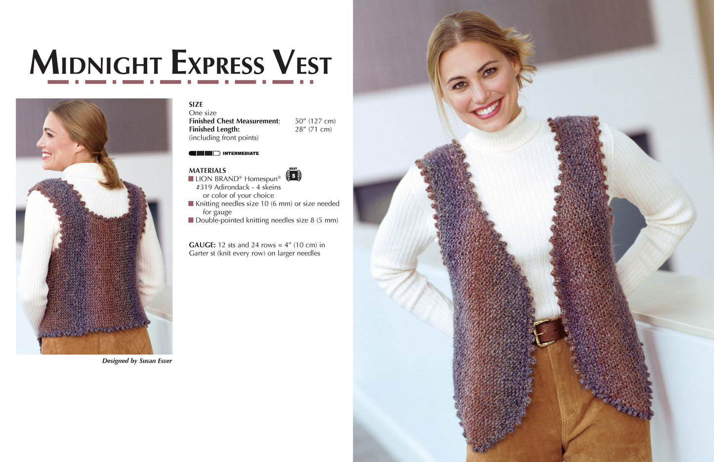 A smiling woman models a hand-knit, sleeveless brown and gray Fashion-Plus Knits vest by Leisure Arts over a white turtleneck and tan pants. The pattern features plus size options using bulky weight yarn.