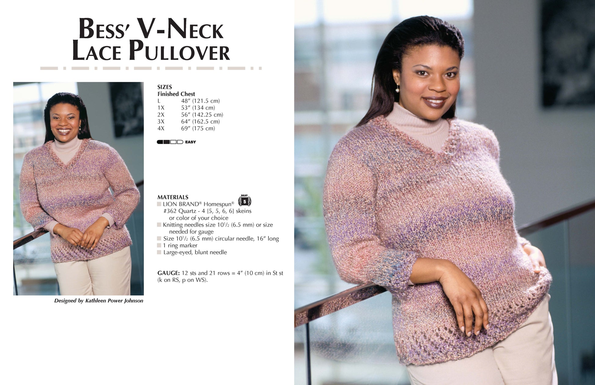 A woman smiles while modeling a loose, v-neck pullover sweater in light pink and lavender from Fashion-Plus Knits by Leisure Arts, standing indoors with plus size knitting patterns details beside her.