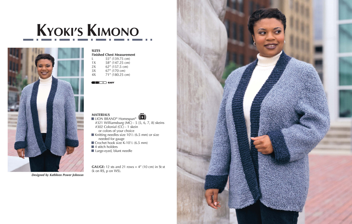 A woman stands outdoors wearing a blue and gray kimono-style cardigan made from bulky yarn over a white turtleneck. The image showcases pattern details and sizing info, including plus sizes, for the Fashion-Plus Knits by Leisure Arts.