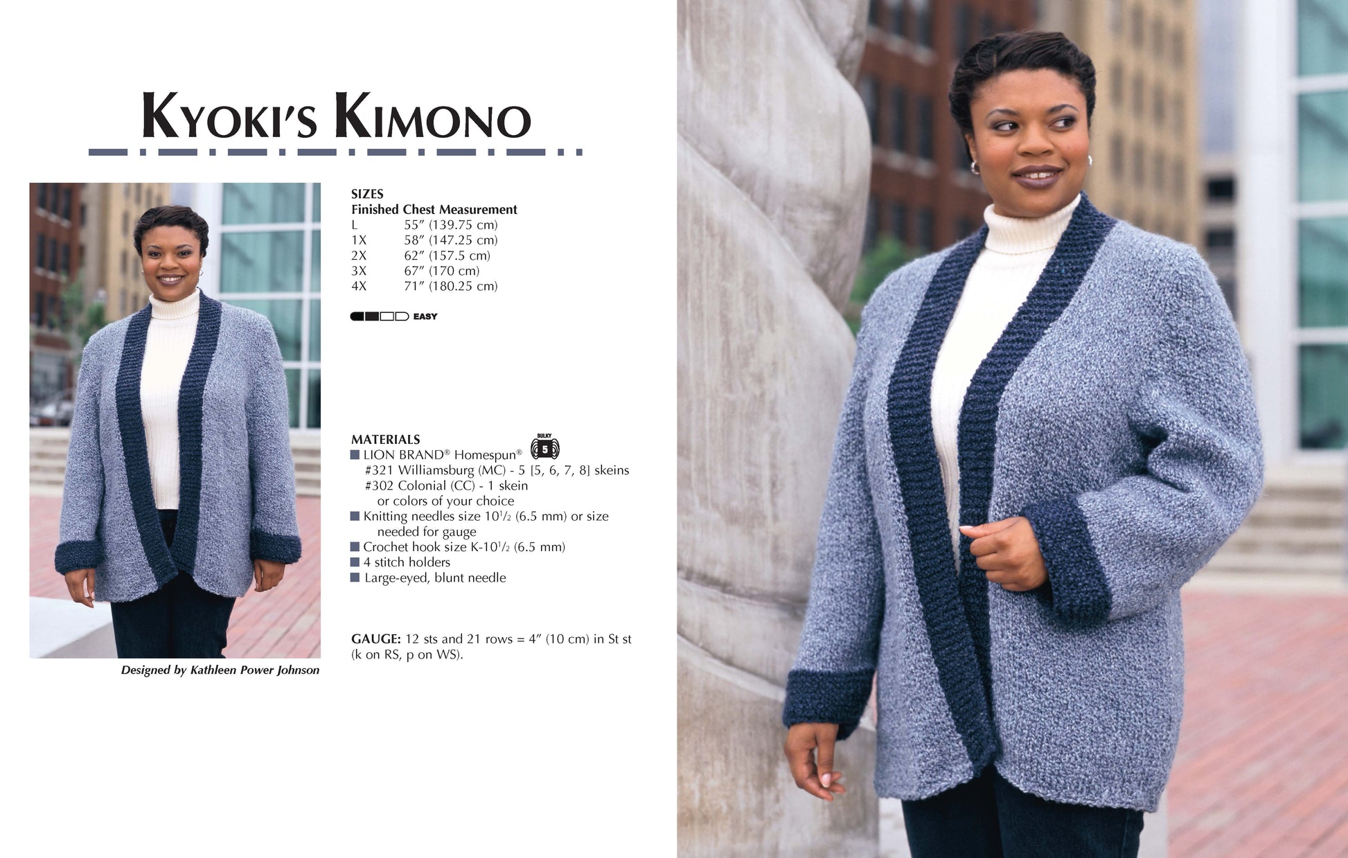 A woman stands outdoors wearing a blue and gray kimono-style cardigan made from bulky yarn over a white turtleneck. The image showcases pattern details and sizing info, including plus sizes, for the Fashion-Plus Knits by Leisure Arts.