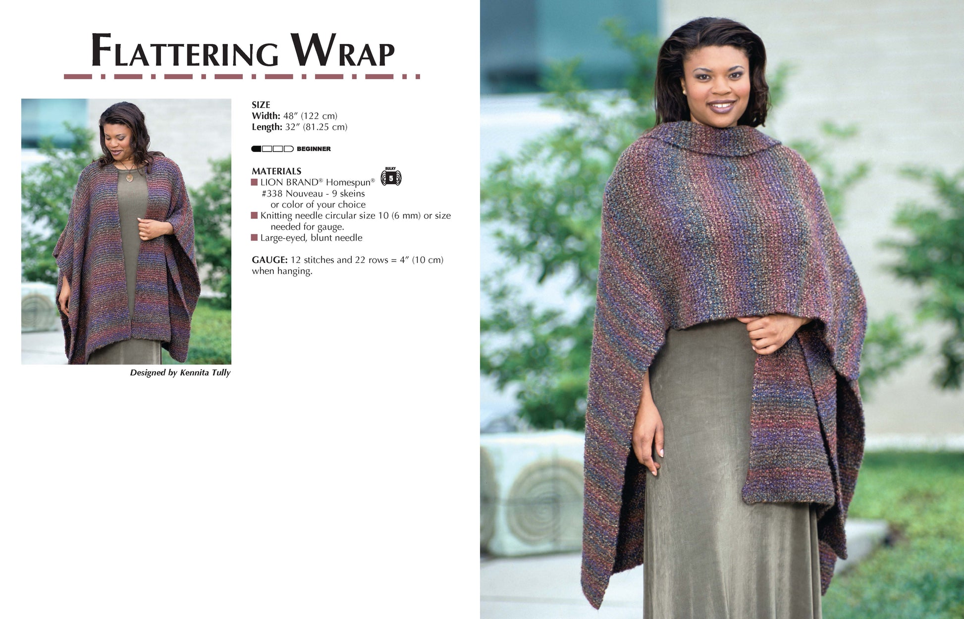 A woman wears a loose, multicolored knitted wrap made with Fashion-Plus Knits by Leisure Arts over a long skirt and top outdoors. An inset shows a close-up. Text provides the wrap’s size, materials, and pattern instructions.