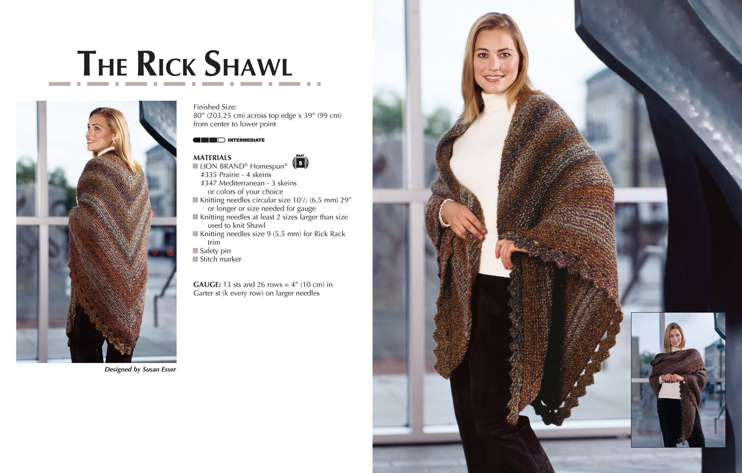 A smiling woman models the Fashion-Plus Knits shawl by Leisure Arts indoors, draped around her shoulders. It’s large, earth-toned, striped, and knit in bulky yarn with a textured edge. An inset shows the full length and pattern detail from behind.