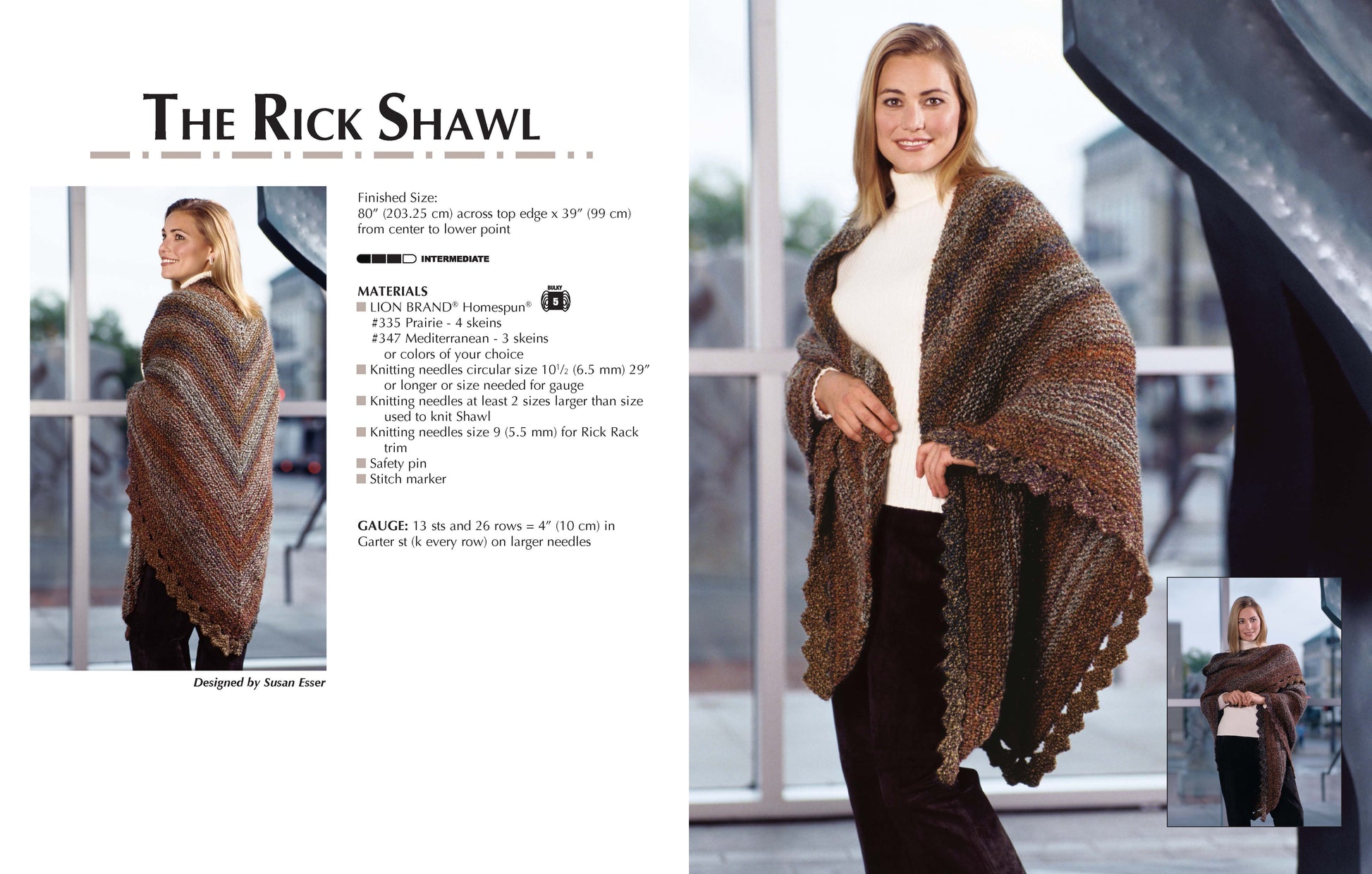 A smiling woman models the Fashion-Plus Knits shawl by Leisure Arts indoors, draped around her shoulders. It’s large, earth-toned, striped, and knit in bulky yarn with a textured edge. An inset shows the full length and pattern detail from behind.