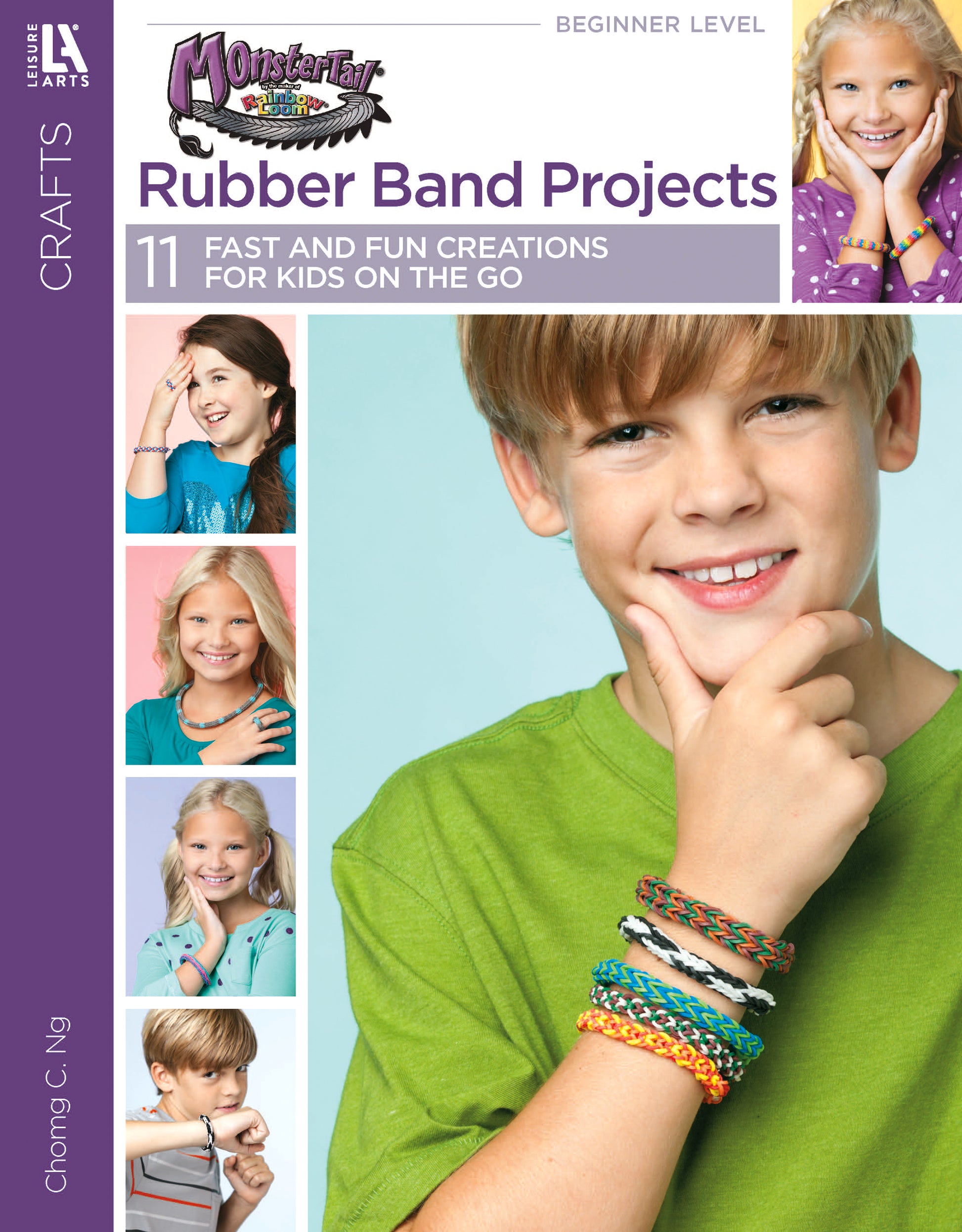 Cover of "Monster Tail Rubber Band Projects" by Leisure Arts, showing a smiling boy wearing colorful rubber band jewelry, with smaller side images of kids displaying step-by-step bracelet designs.