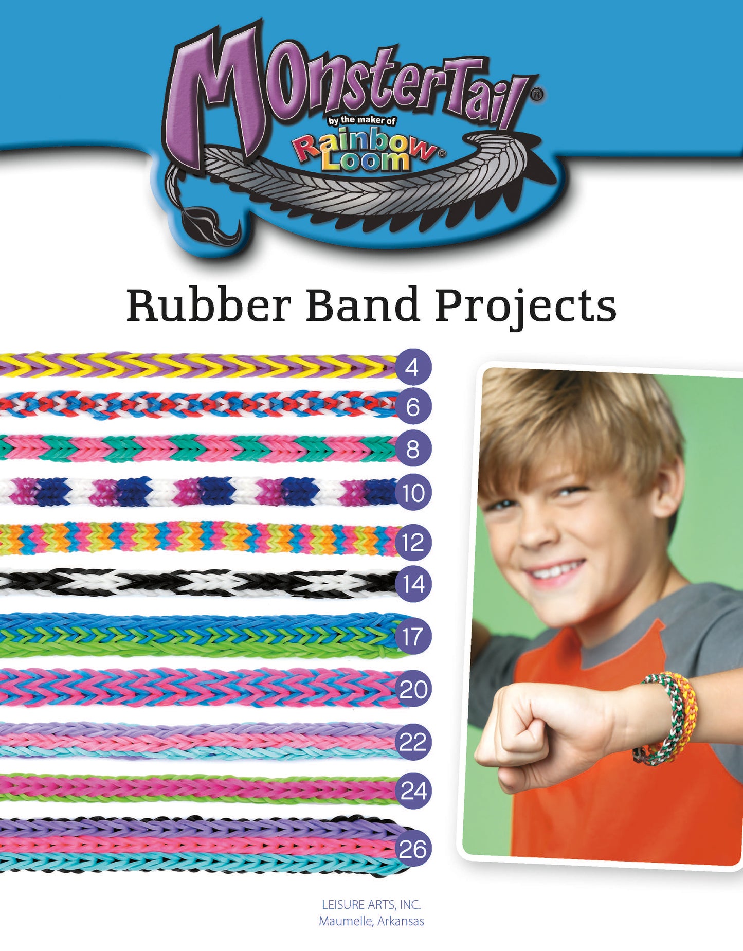Cover of Monster Tail Rubber Band Projects by Leisure Arts: Colorful rubber band bracelets on the left, step-by-step designs with project numbers, and a smiling child displaying kids jewelry on their wrist on the right.