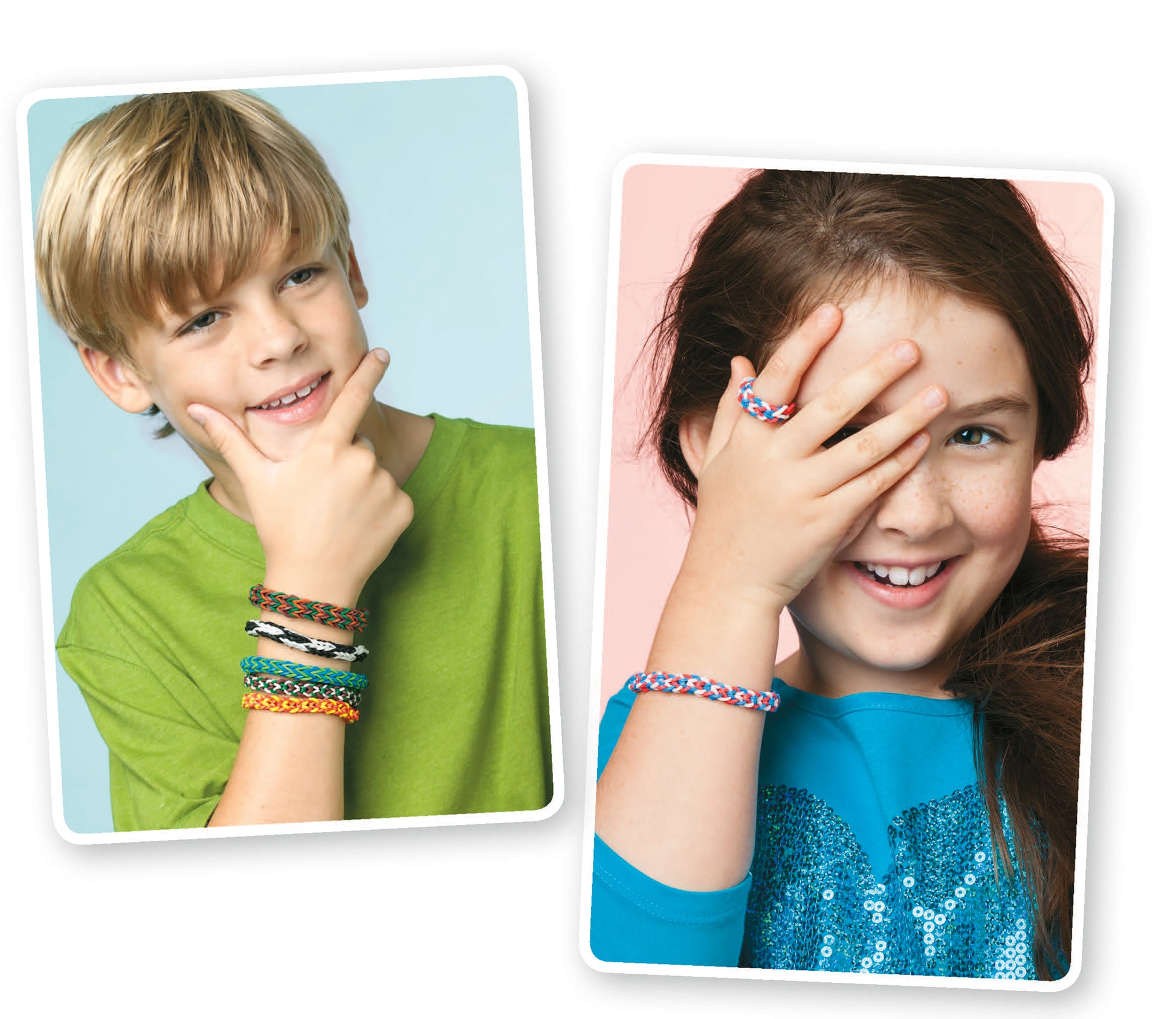 A boy in a green shirt and a girl in a blue shirt smile at the camera, each wearing colorful bracelets created with Monster Tail Rubber Band Projects by Leisure Arts. The girl covers one eye, showing off her ring and more bracelets.