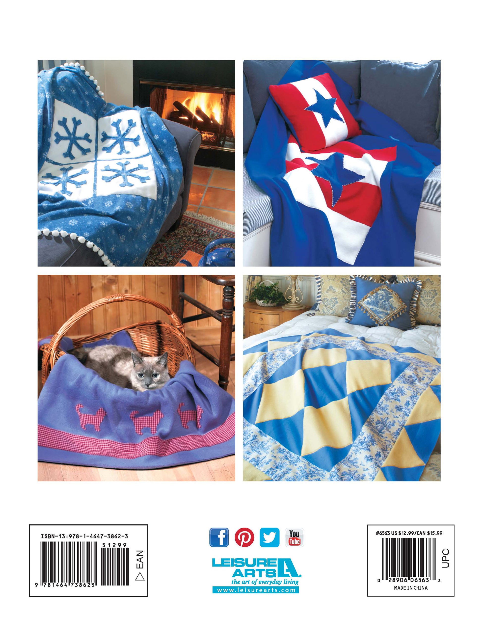Four quilts from Leisure Arts’ Fleece at Home line are featured: a blue snowflake by the fireplace, a red-white-blue star quilt with pillows on a couch, a purple cat quilt with a gray cat, and an easy blue-yellow throw on the bed.
