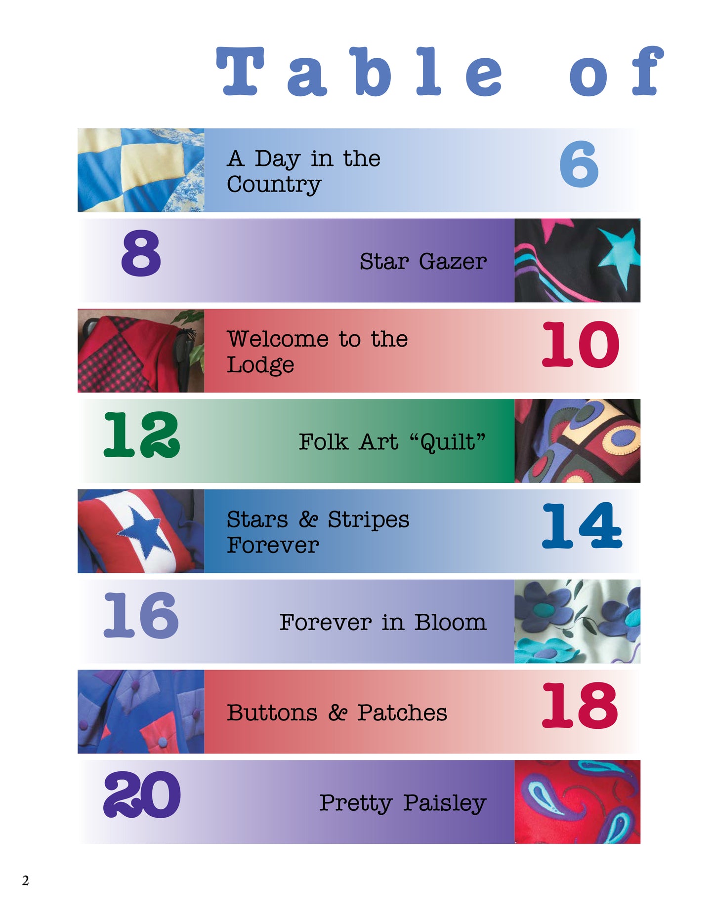 The colorful table of contents in Fleece at Home by Leisure Arts features section titles, page numbers, and fabric patterns—ideal inspiration for anyone looking to make pillows or simple throws.