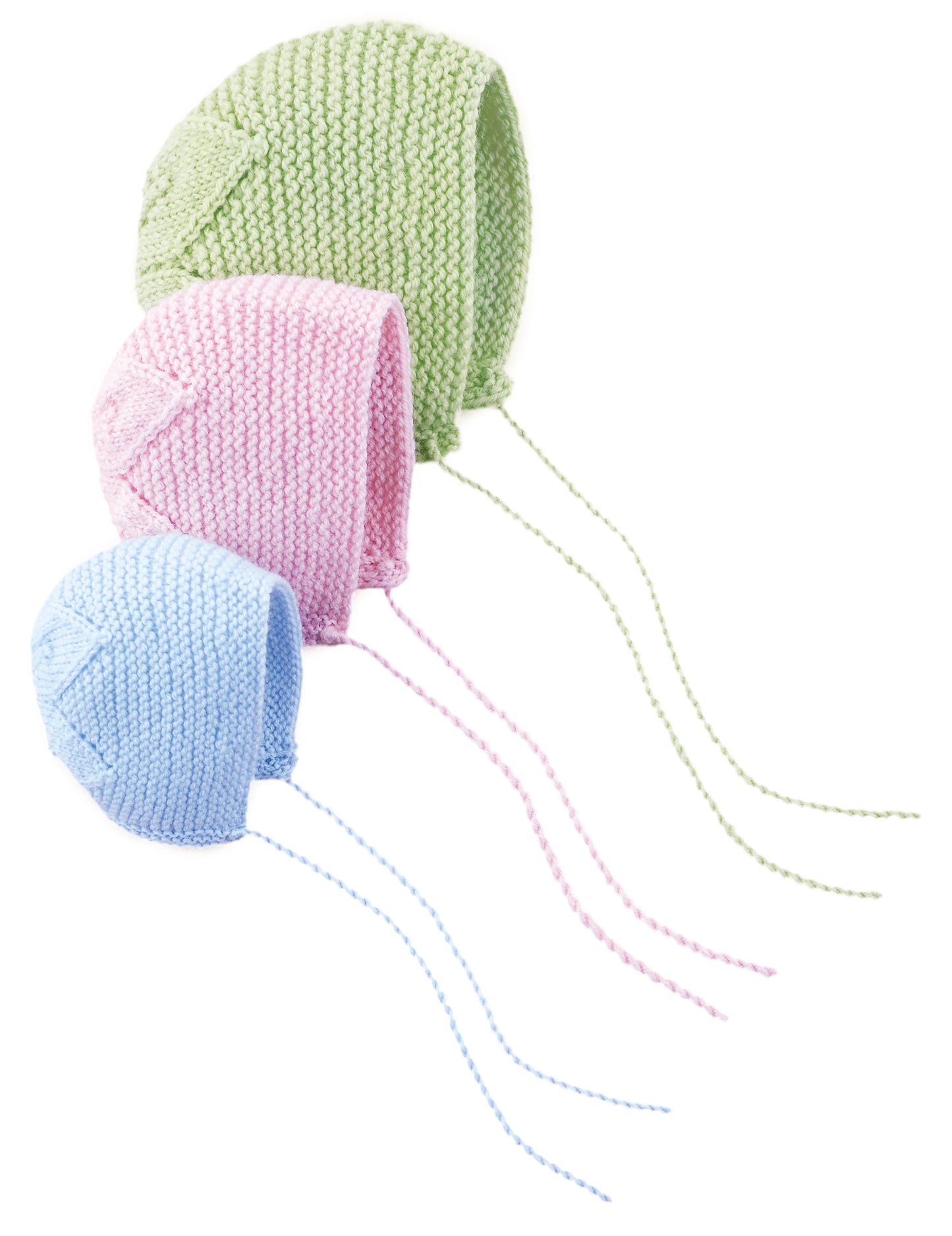 Three bonnets in green, pink, and blue (largest to smallest) from the "Lace & Leaves for Baby" pattern by Leisure Arts. Features a pointed design with long ties—ideal for intermediate knitters. Shown on a white background.