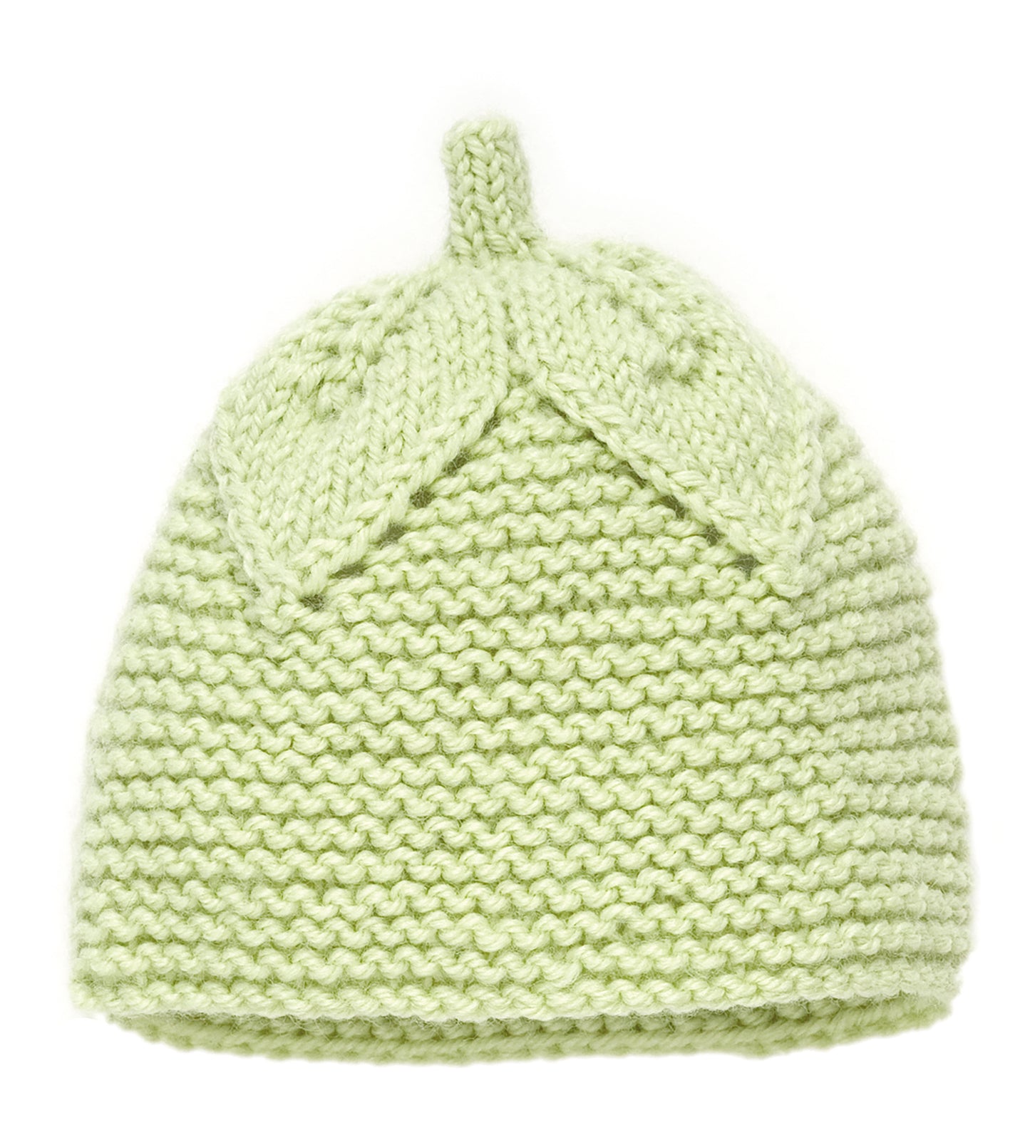 Lace & Leaves for Baby by Leisure Arts features a light green knitted baby hat with a leaf-like textured pattern and stem detail—ideal for intermediate knitters or as a sweet addition to any baby layette.