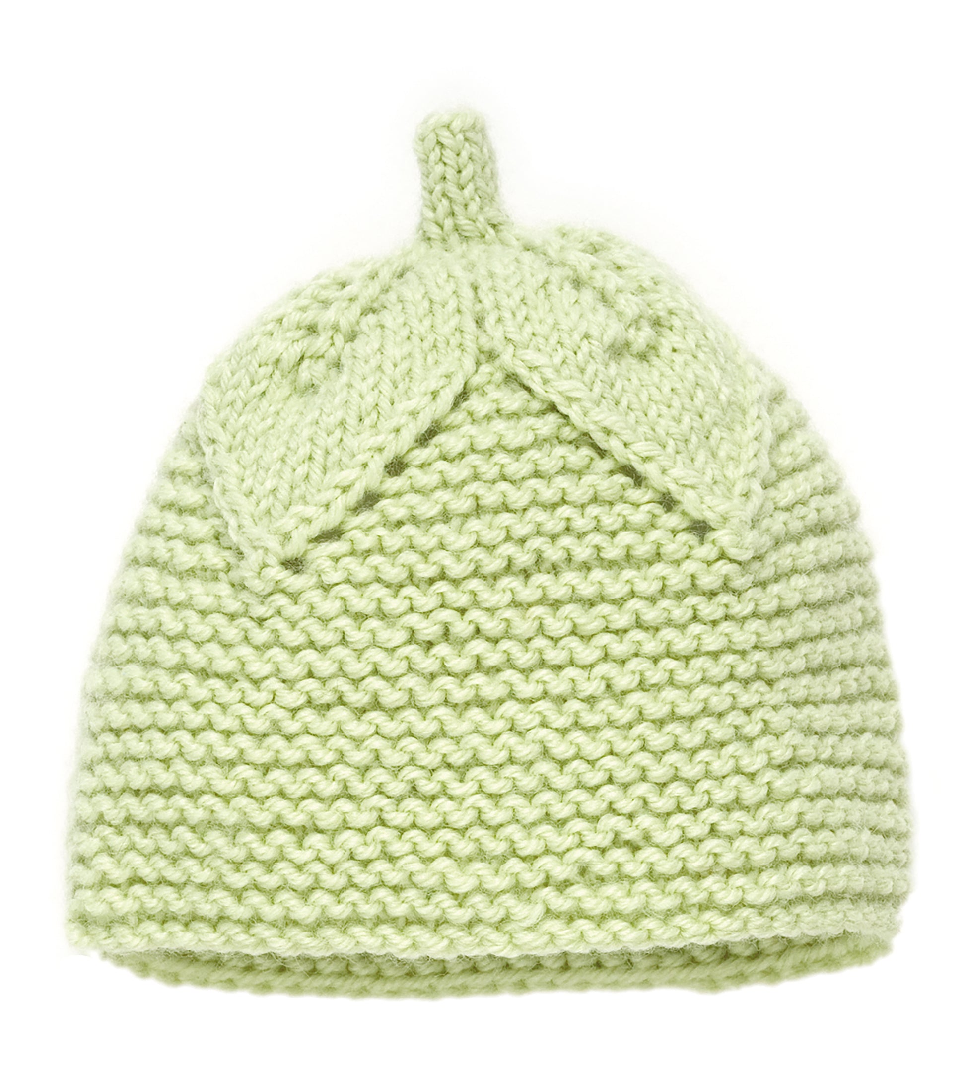 Lace & Leaves for Baby by Leisure Arts features a light green knitted baby hat with a leaf-like textured pattern and stem detail—ideal for intermediate knitters or as a sweet addition to any baby layette.