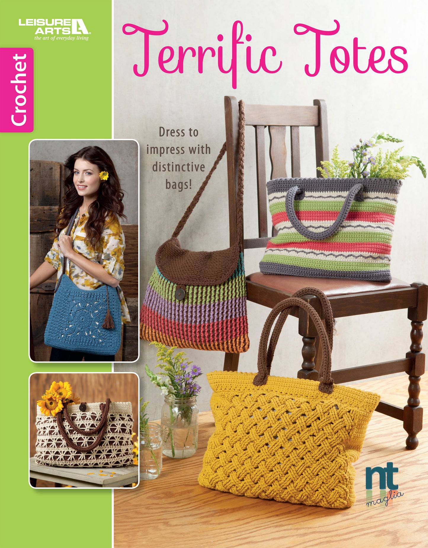 Leisure Arts’ Crochet Terrific Totes—Dress to Impress With Distinctive Bags! Digital Download features four Italian designer-inspired cotton yarn bag patterns, shown in vibrant colors on chairs and modeled by a woman.