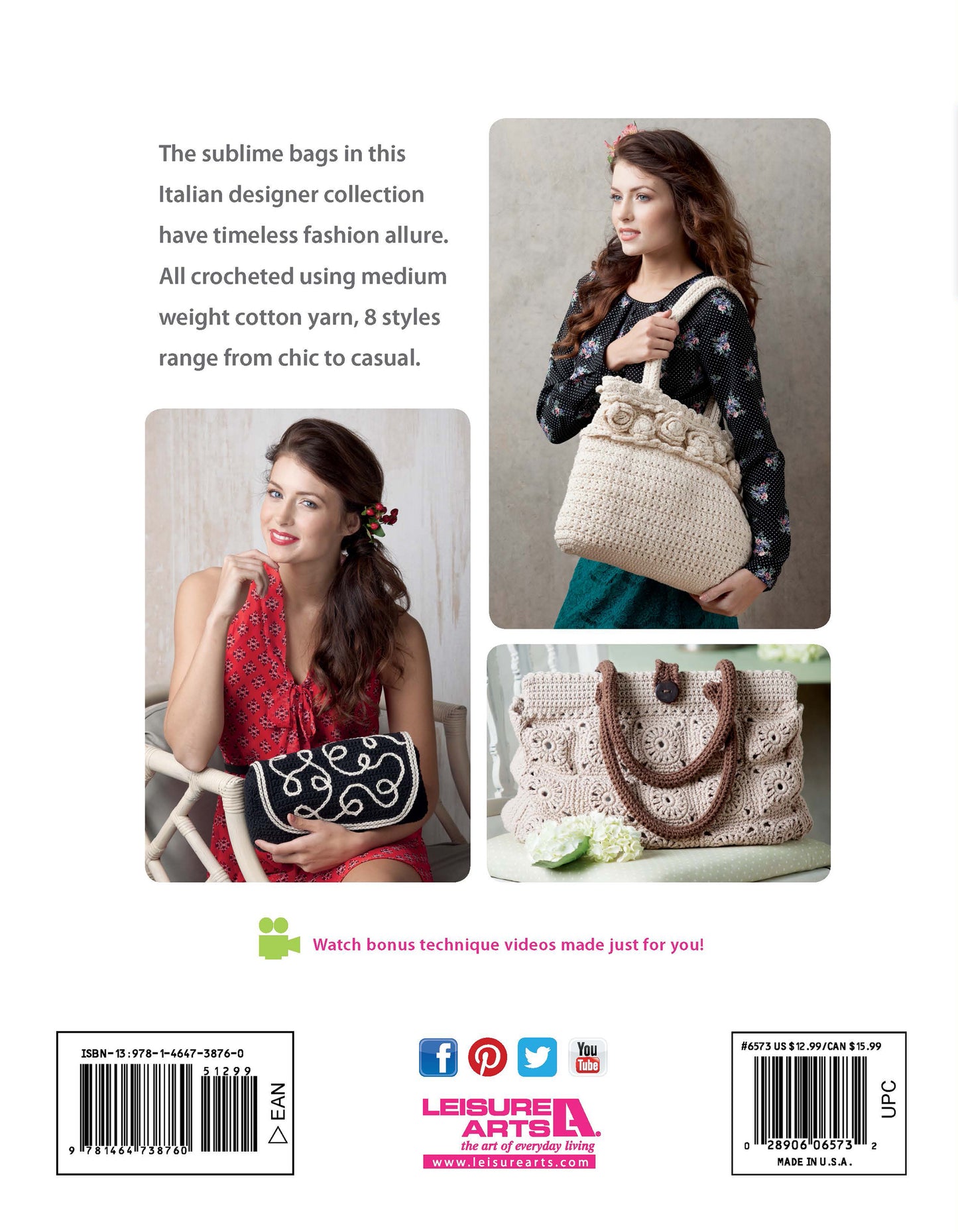 Back cover of Crochet Terrific Totes—Dress to Impress With Distinctive Bags! Digital Download by Leisure Arts features three women with Italian-inspired neutral bags, a brief on the collection, and various barcodes at the bottom.