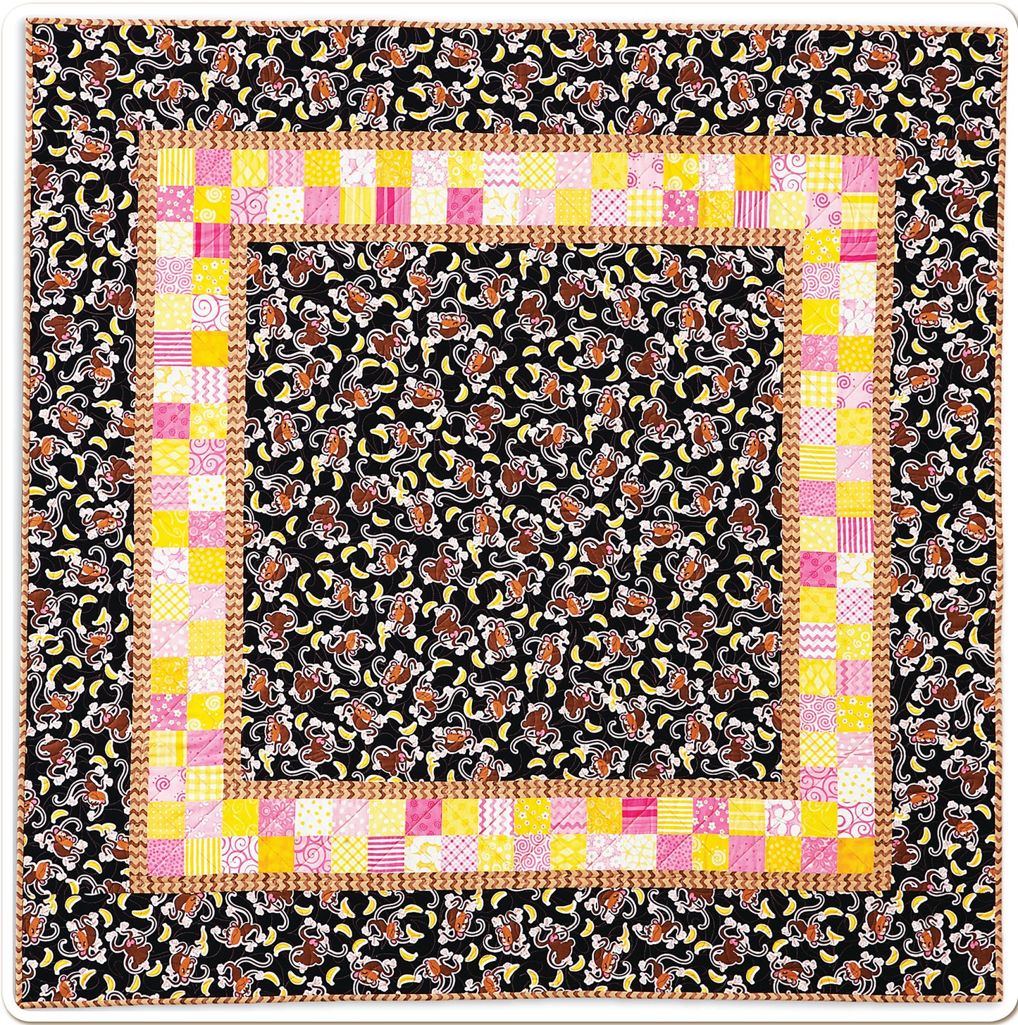A square quilt with a dark floral center and border, plus bands of colorful patchwork squares—this vibrant design showcases the playful style of “Baby Quilts—Pamper Little Ones with Fast Blankets in Fun Fabrics!” by Leisure Arts.