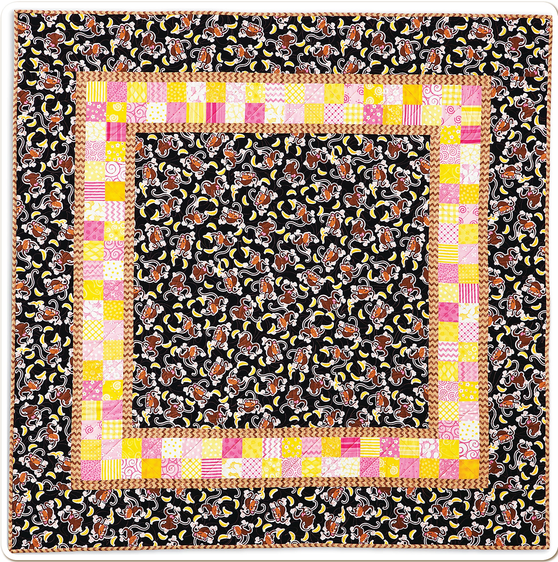 A square quilt with a dark floral center and border, plus bands of colorful patchwork squares—this vibrant design showcases the playful style of “Baby Quilts—Pamper Little Ones with Fast Blankets in Fun Fabrics!” by Leisure Arts.