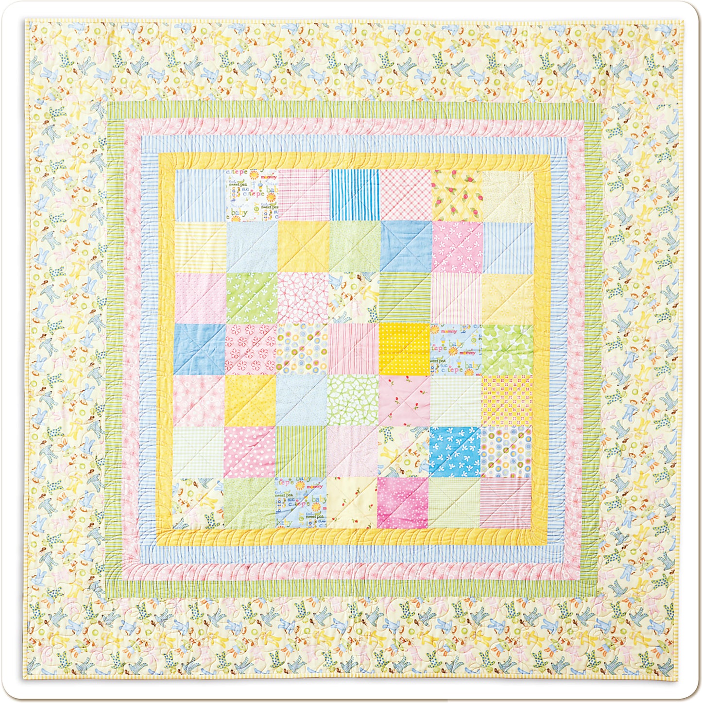 The Leisure Arts “Baby Quilts—Pamper Little Ones with Fast Blankets in Fun Fabrics!” features a pastel patchwork quilt with patterned squares and a striped floral border in soft yellow, pink, blue, green, and lavender. Print ISBN available.