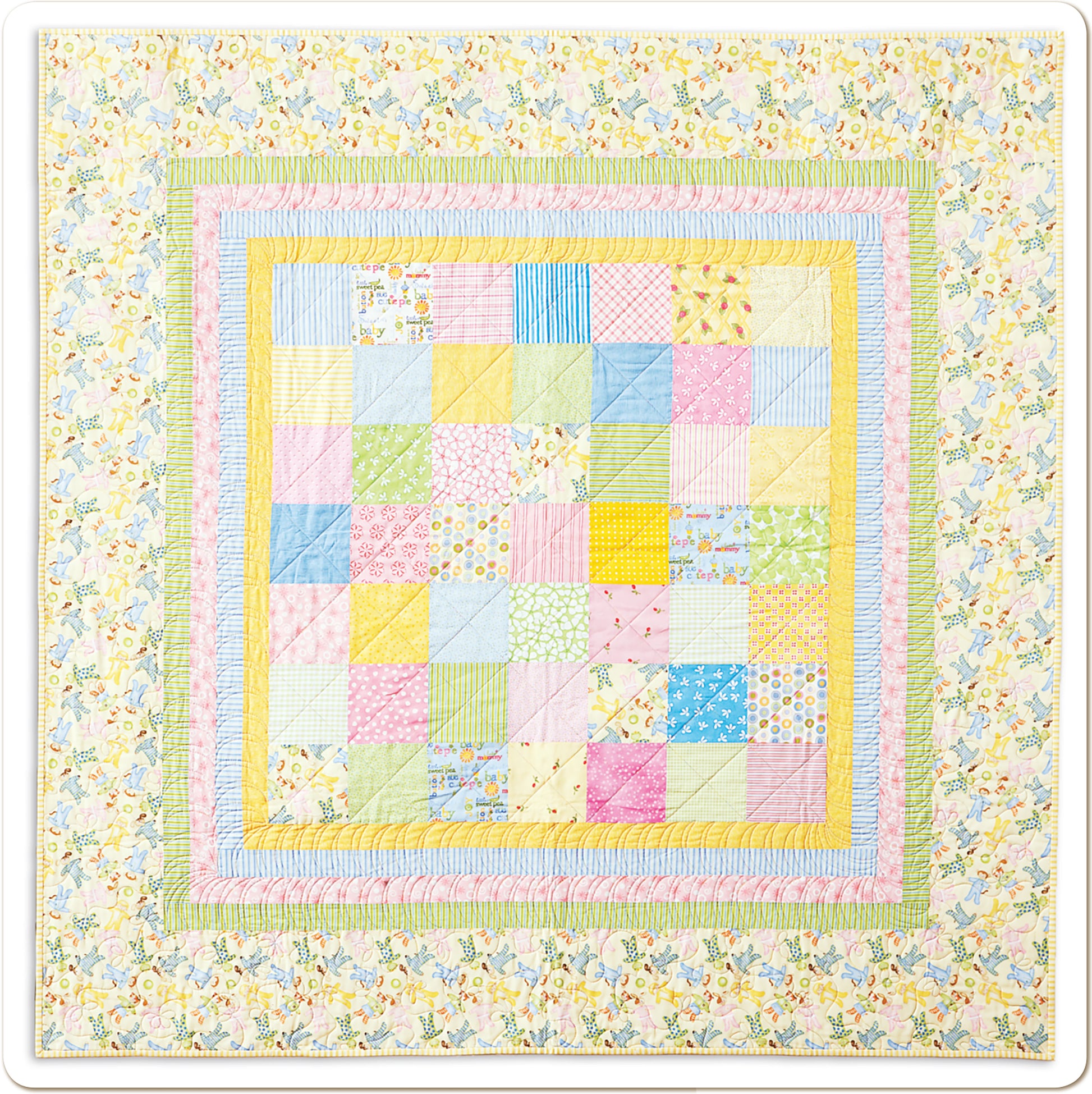 The Leisure Arts “Baby Quilts—Pamper Little Ones with Fast Blankets in Fun Fabrics!” features a pastel patchwork quilt with patterned squares and a striped floral border in soft yellow, pink, blue, green, and lavender. Print ISBN available.