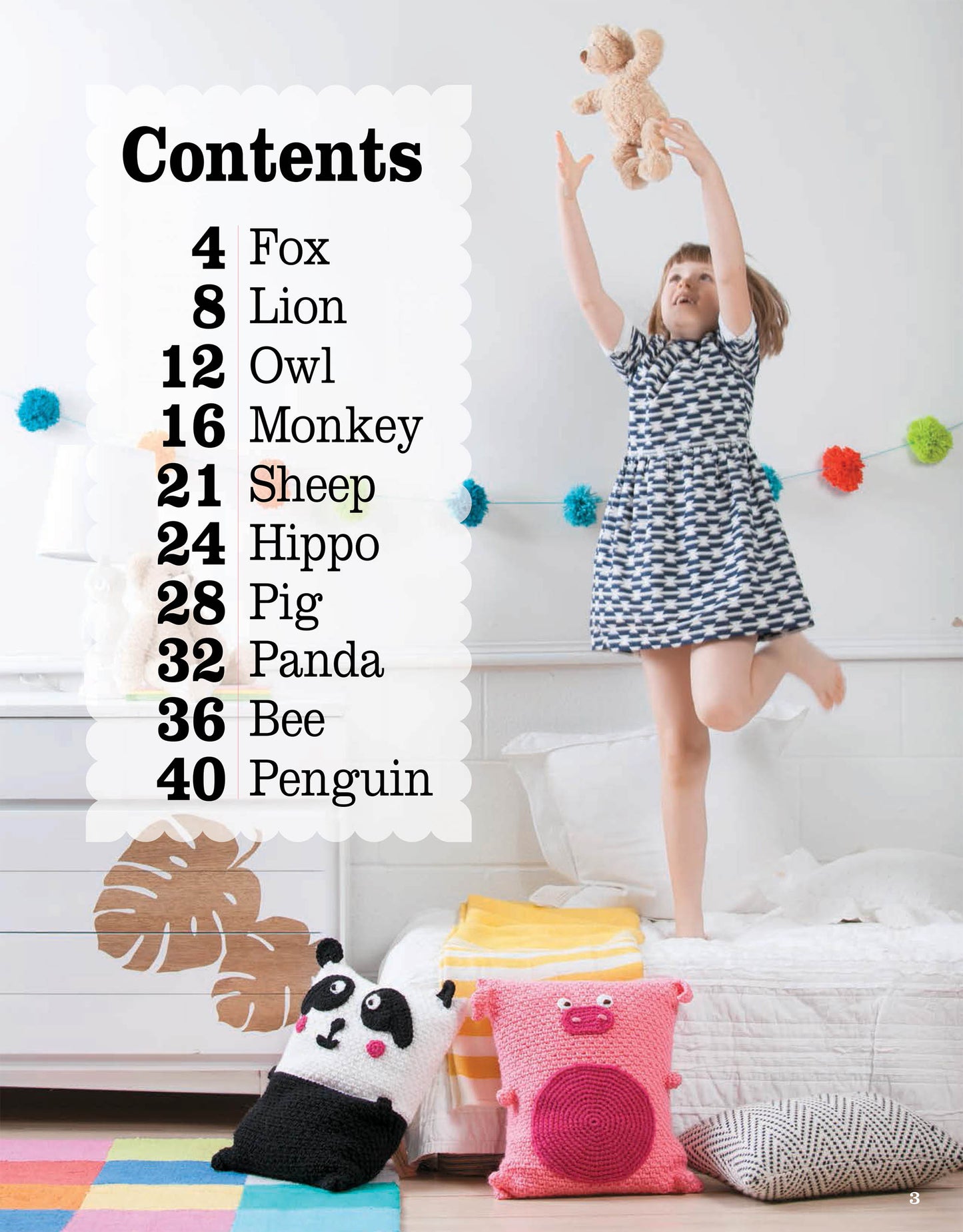 A young girl in a patterned dress jumps on a bed, tossing a stuffed bear. Leisure Arts Kids Animal Pillows, including panda and pig designs, plus other fun decor accessories add charm. A "Contents" list is displayed on the left.