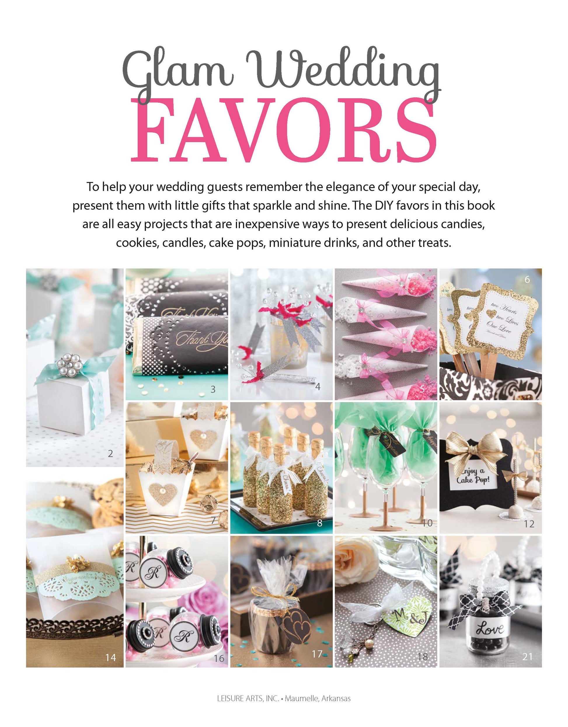 Discover Glam Wedding Favors Digital Download by Leisure Arts—stylish DIY favor ideas with pastel boxes, jars, and bags accented in gold. Create affordable gifts like candies, cookies, and cake pops for a chic celebration.