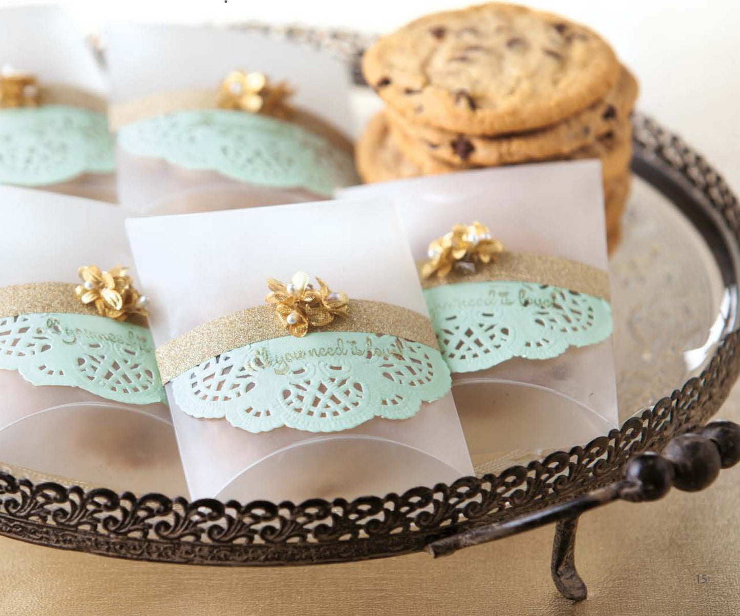 Glam Wedding Favors Digital Download by Leisure Arts features elegant chocolate chip cookie trays and DIY favors in mint doilies with gold ribbon—charming as wedding favors or affordable gifts.