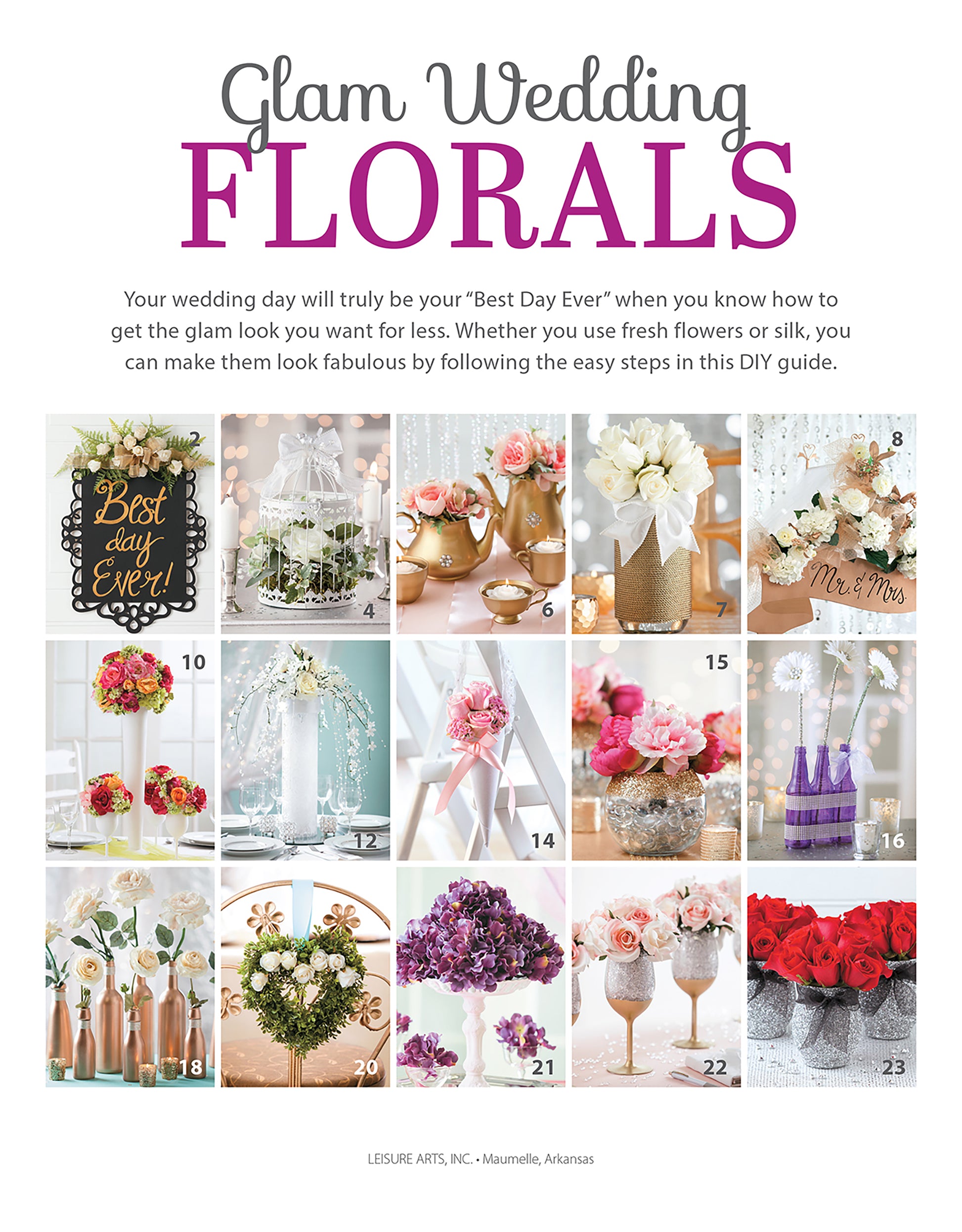 A magazine page titled Glam Wedding Florals by Leisure Arts shows a grid of 16 photos with elegant floral arrangements, centerpieces, and DIY wedding decor in soft pink, white, and gold, plus brief decorative accents.