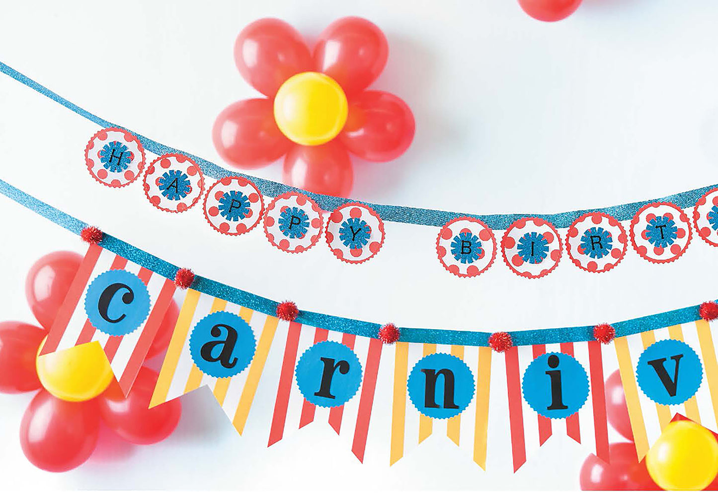 Celebrate Birthdays banners by Leisure Arts add fun to any party with vibrant red, blue, and yellow designs on a white background. Featuring “Happy Birthday” and “Carnival” text plus red and yellow balloon flowers—great for kids or adults!.