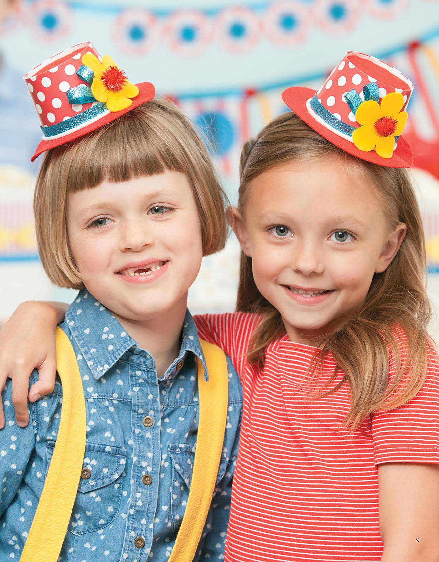 Two young children wearing colorful DIY party hats from Leisure Arts' "Celebrate Birthdays" collection inspire playful, creative themes—perfect for kids or adults looking to add fun crafts to their next event!.