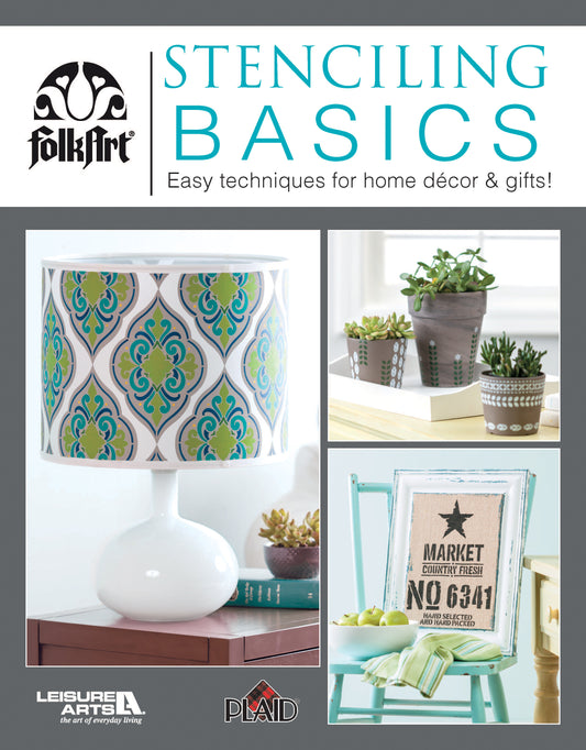 Cover of Stenciling Basics Digital Download by Leisure Arts with creative stencil projects—a lamp with stenciled shade, framed print, and chair. Subtitle: Easy techniques for home decor & gifts!.