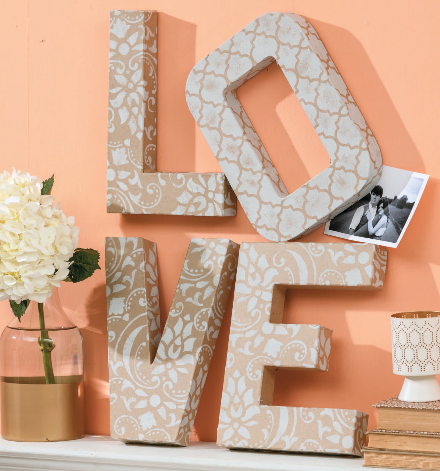 Add charm to your home with the Stenciling Basics Digital Download by Leisure Arts. Create beige and white floral designs that pair perfectly with a vase of flowers and black-and-white photos for a beautiful display.