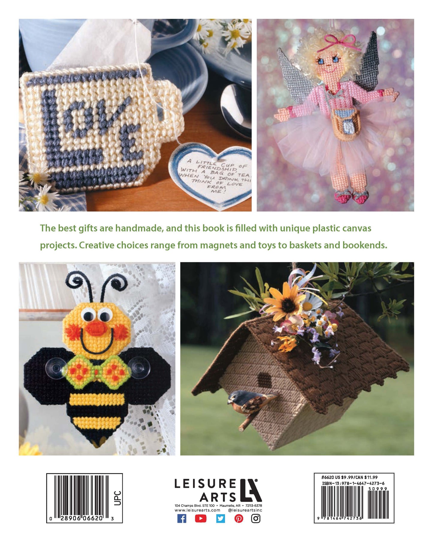 The back cover of "Gifts Galore in Plastic Canvas Digital Download" by Leisure Arts features four quick-and-easy crafts—a “Love” sign, fairy, bee magnet, and brown birdhouse—for creative projects and unique handmade gift ideas.