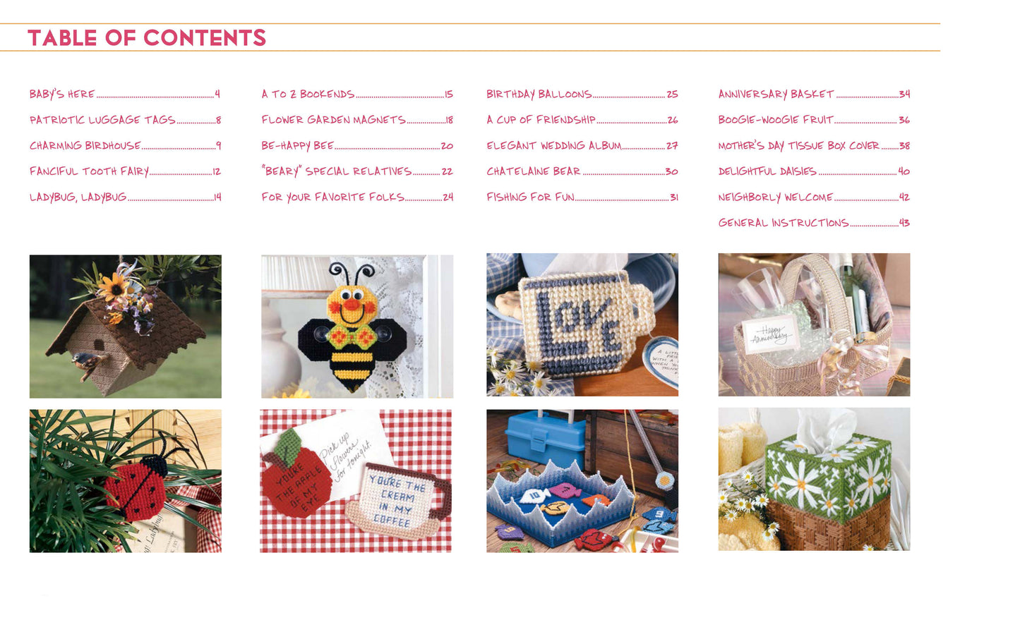 The Gifts Galore in Plastic Canvas Digital Download from Leisure Arts features a table of contents with section titles and page numbers above eight small photos of quick-and-easy crafts like bags, a bee, a basket, cross-stitch designs, and more.
