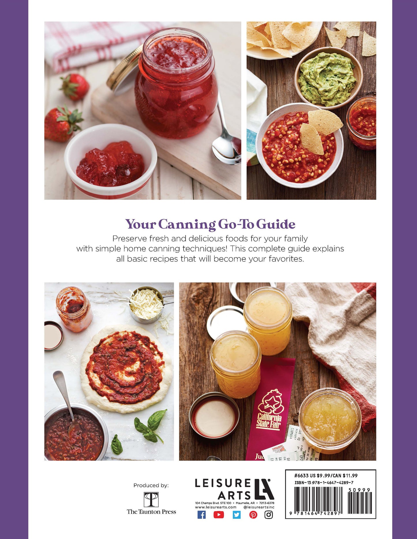 Back cover of Canning Made Easy by Leisure Arts displays five photos—jams in jars, salsa with chips, fruit preserves on toast, a homemade pie, and pickle jars—with brief text describing the book.