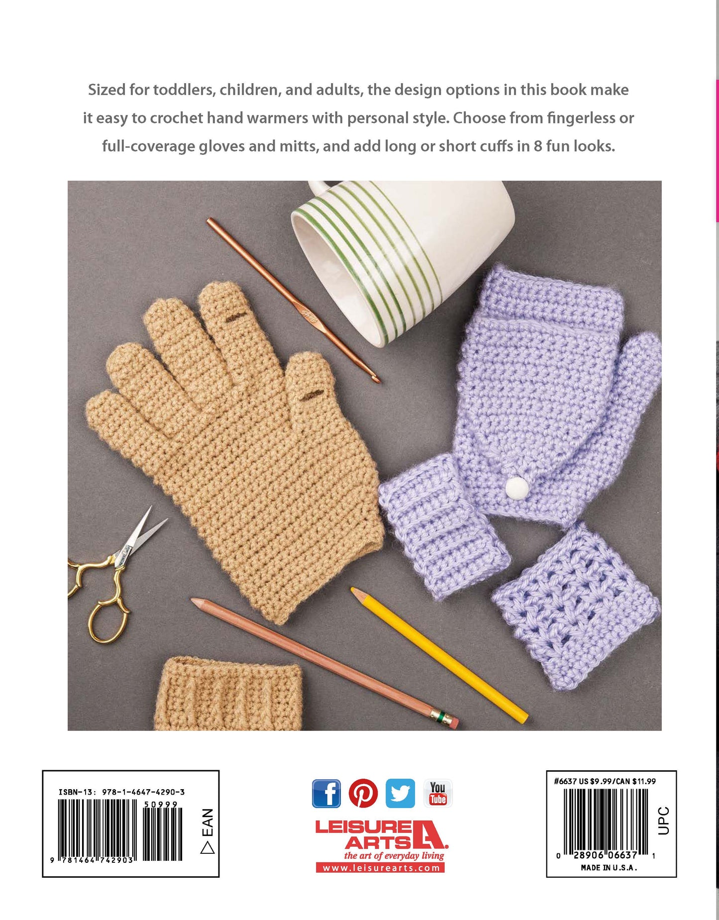 A photo of four Leisure Arts Hand-Picked Gloves & Mitts—two pairs in tan and light purple—resting on a gray surface with stacked green and white mugs in the background.