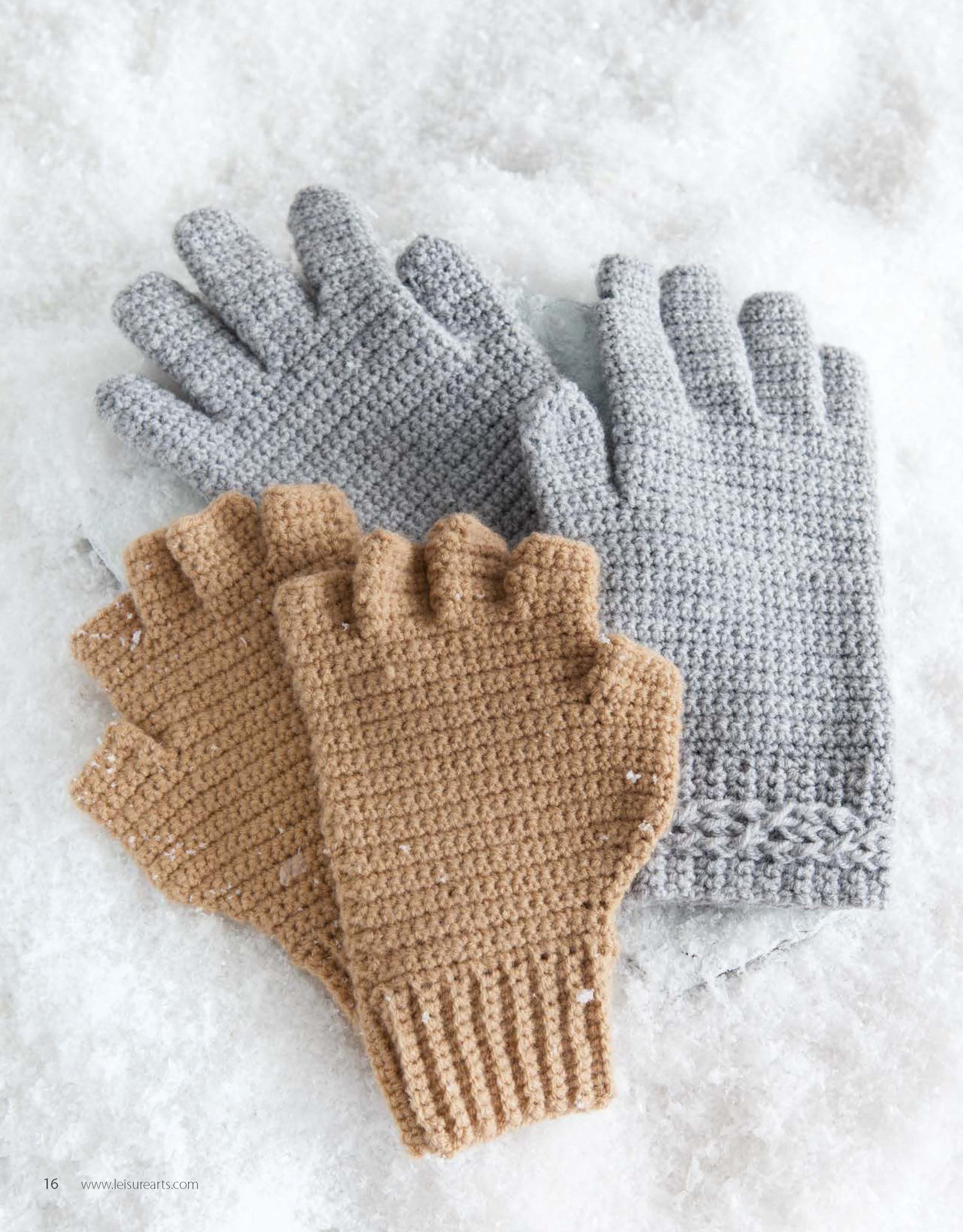 Two pairs of Hand-Picked Gloves & Mitts by Leisure Arts rest on snow: a light gray, full-fingered pair and tan, fingerless hand warmers, both showcasing a beautiful textured crochet stitch pattern.