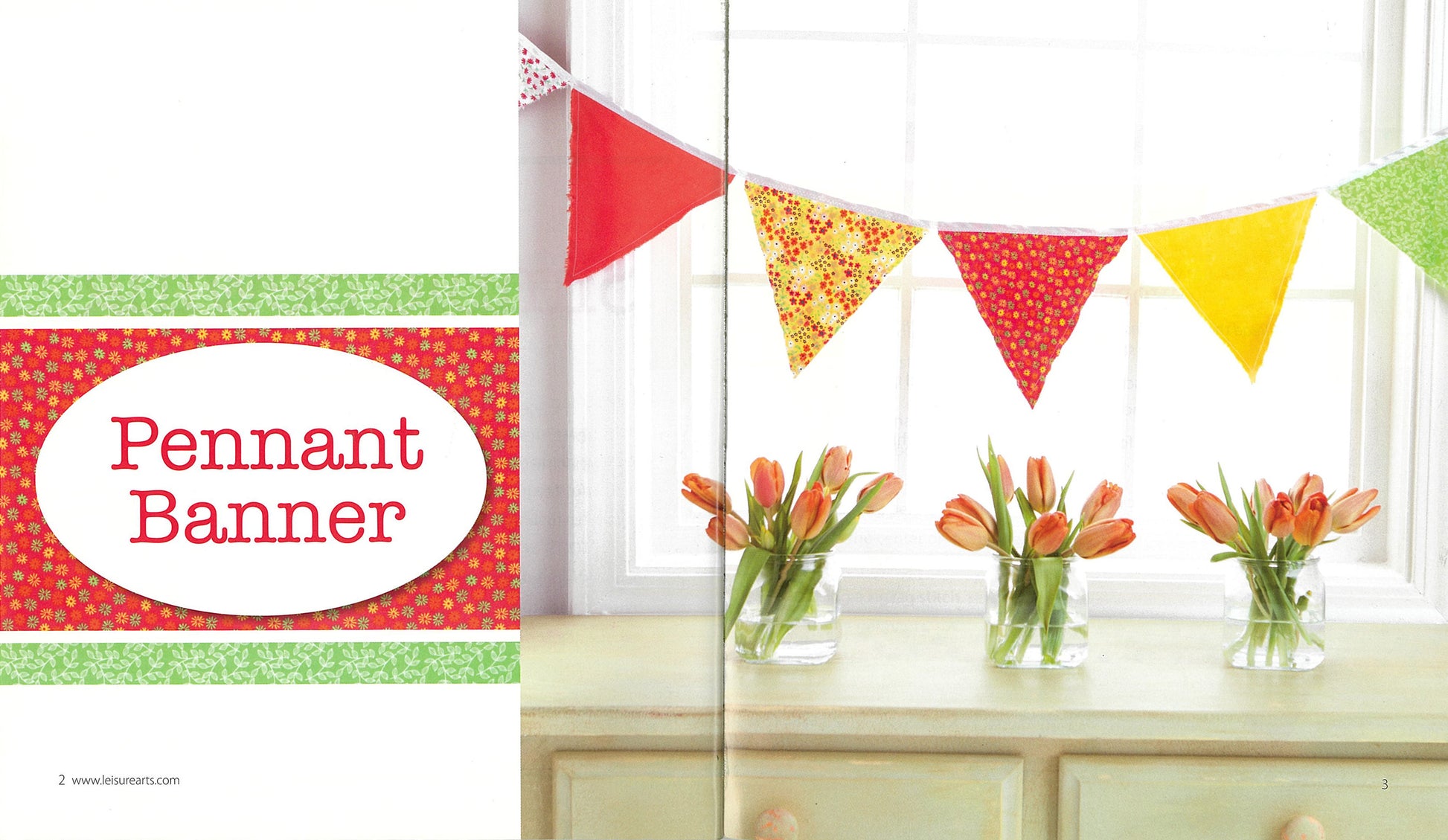 A vibrant pennant banner from Leisure Arts’ Simple Sewing hangs in a sunny window. Below, four glass jars with orange tulips rest on the sill. The words "Simple Sewing" appear on a red patterned backdrop.