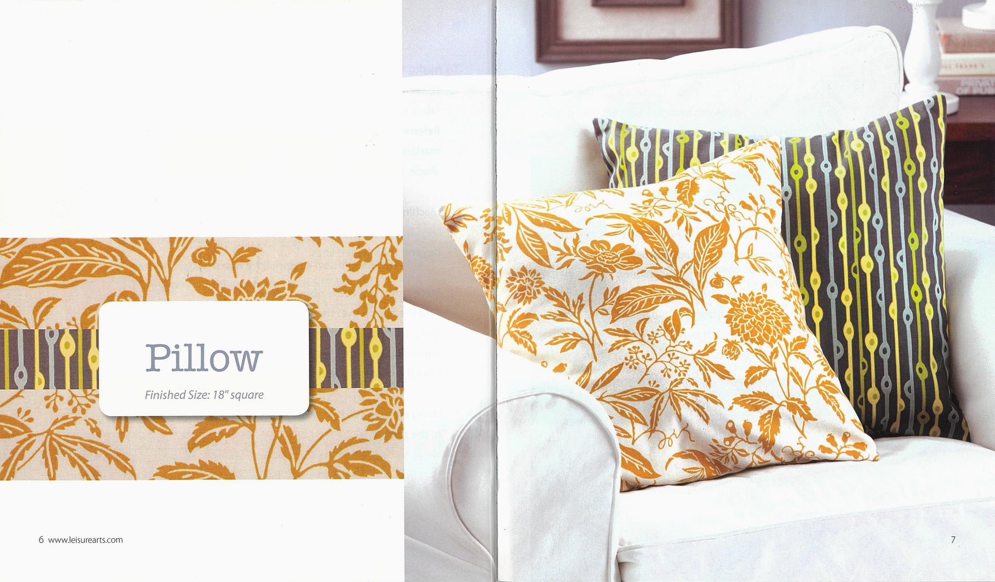 Two decorative pillows on a white sofa: one in a yellow floral pattern, the other with green, yellow, and gray stripes and dots—both perfect beginner projects featured in Leisure Arts' Simple Sewing.