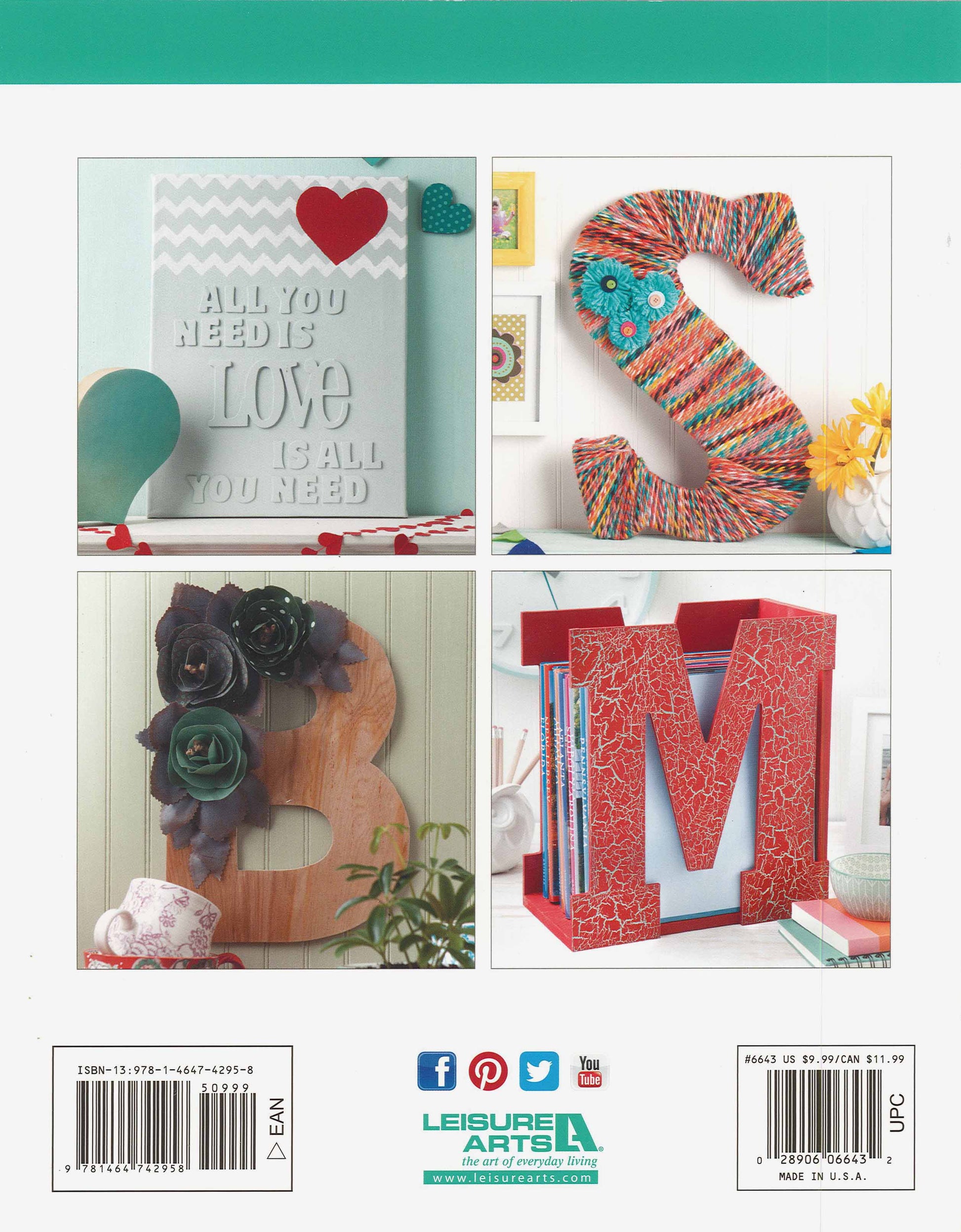 Back cover of the Decorating Letters Digital Download by Leisure Arts, featuring four projects: a gray “All you need is love” plaque, string-wrapped S, Mod Podge M with paper flowers, and a red patterned M for home décor.