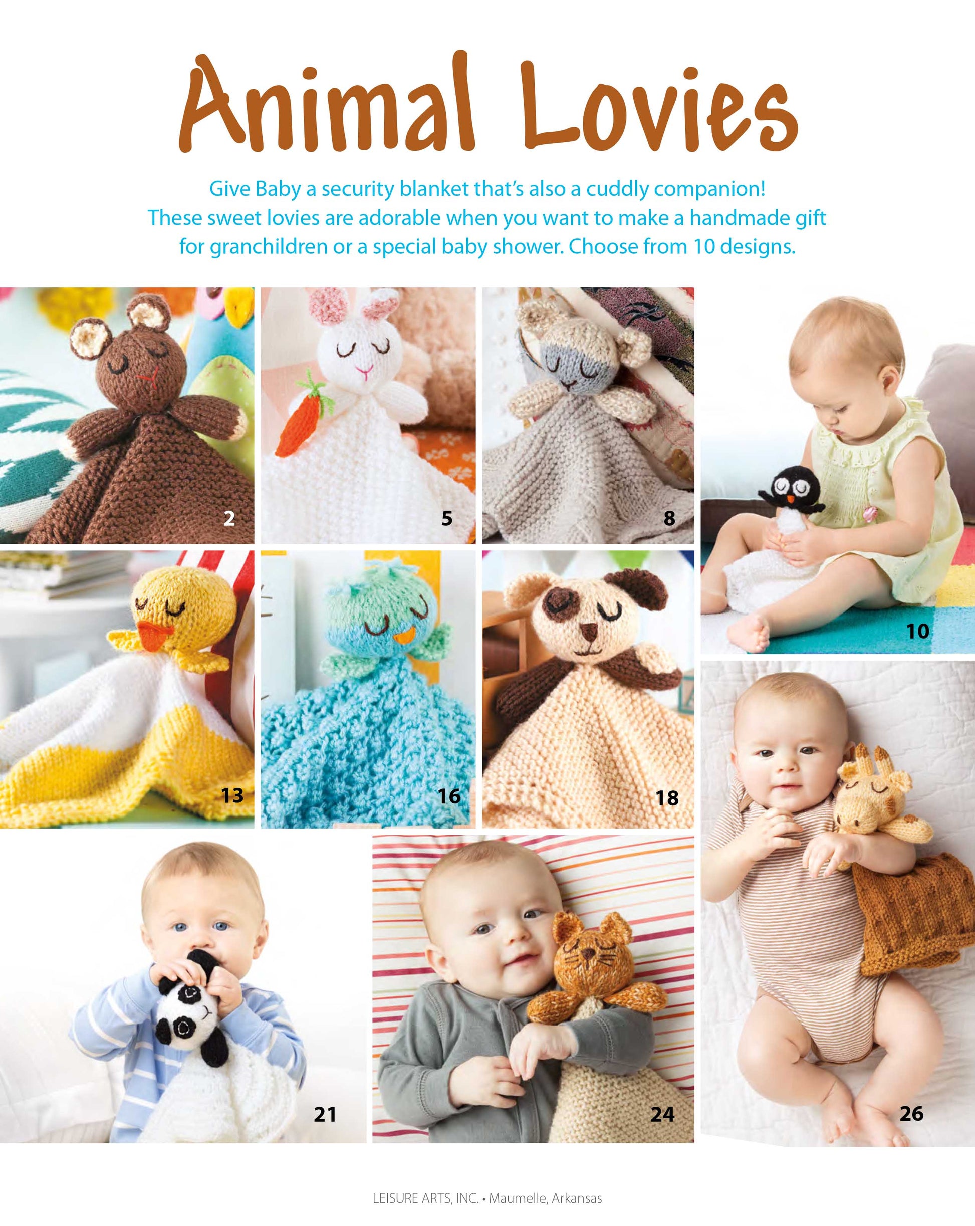 A collage features babies and toddlers with Leisure Arts’ Animal Lovies—Huggable Blanket Buddies in cat, bunny, lamb, elephant, duck, puppy, panda, frog, lion, and fox designs; adorable gifts with beginner patterns and bonus online tutorials!.