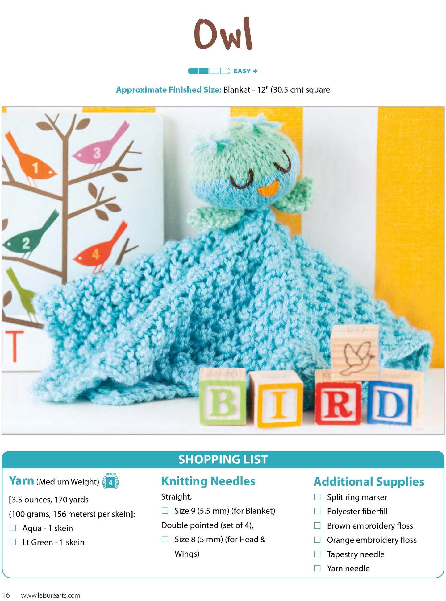 The Leisure Arts Animal Lovies—Huggable Blanket Buddies kit has a blue knitted owl lovie with closed eyes and a pom-pom head shown near blocks spelling BIRD, plus knitting needles, yarn, beginner instructions, and bonus online tutorials.