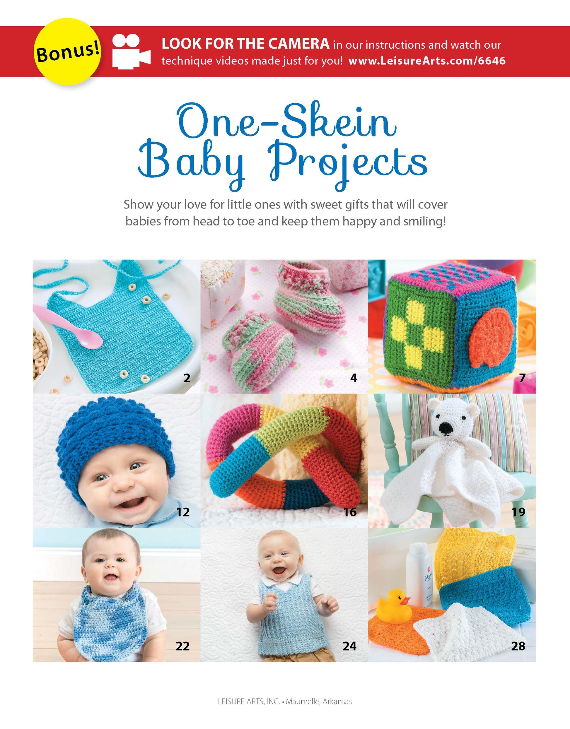 Discover "One-Skein Baby Projects" by Leisure Arts: a collection of easy crochet and knitting patterns for hats, bibs, a soft toy cube, blankets, teethers, washcloths & more—perfect colorful handmade gifts for newborns.