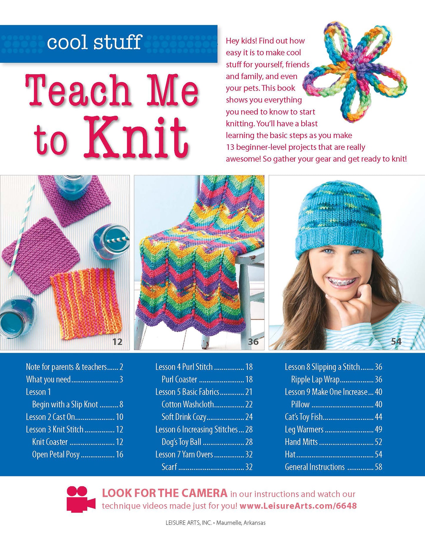 Colorful flyer for Cool Stuff Teach Me to Knit—13 Projects for Kids 9-14 by Leisure Arts, showing a knitted flower, beginner projects like cloths and a blue hat, table of contents, and text inviting kids to learn with step-by-step instructions.