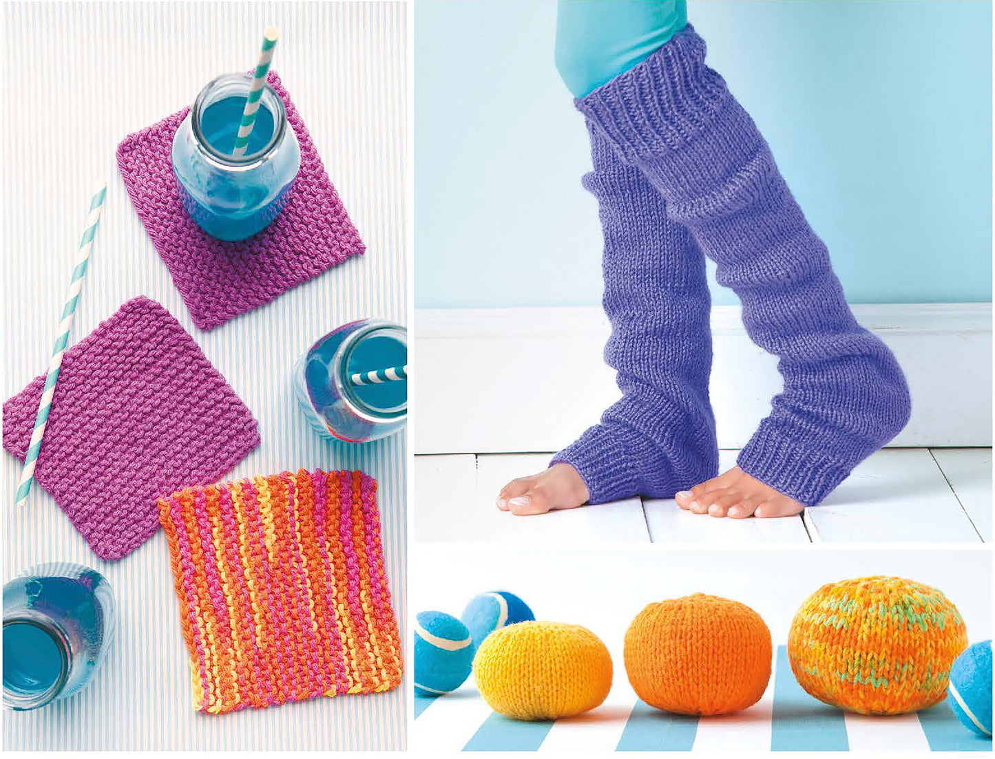 Three photos show projects from Leisure Arts’ Cool Stuff Teach Me to Knit—13 Projects for Kids 9-14: purple knit coasters, purple legwarmers, and round knits in blue, orange, and yellow—all beginner-friendly with a colorful cozy vibe.