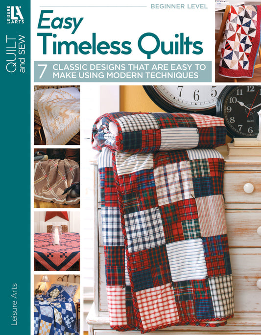 Cover of Leisure Arts’ Easy Timeless Quilts Digital Download, showing a folded patchwork quilt on a wooden cabinet and a side collage with classic and beginner quilt patterns.