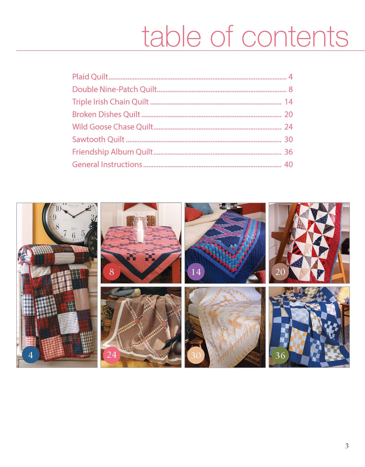 The Easy Timeless Quilts Digital Download by Leisure Arts features a table of contents with classic and beginner quilt patterns, page numbers at the top, and seven quilt images below labeled with colored circles showing their page numbers.