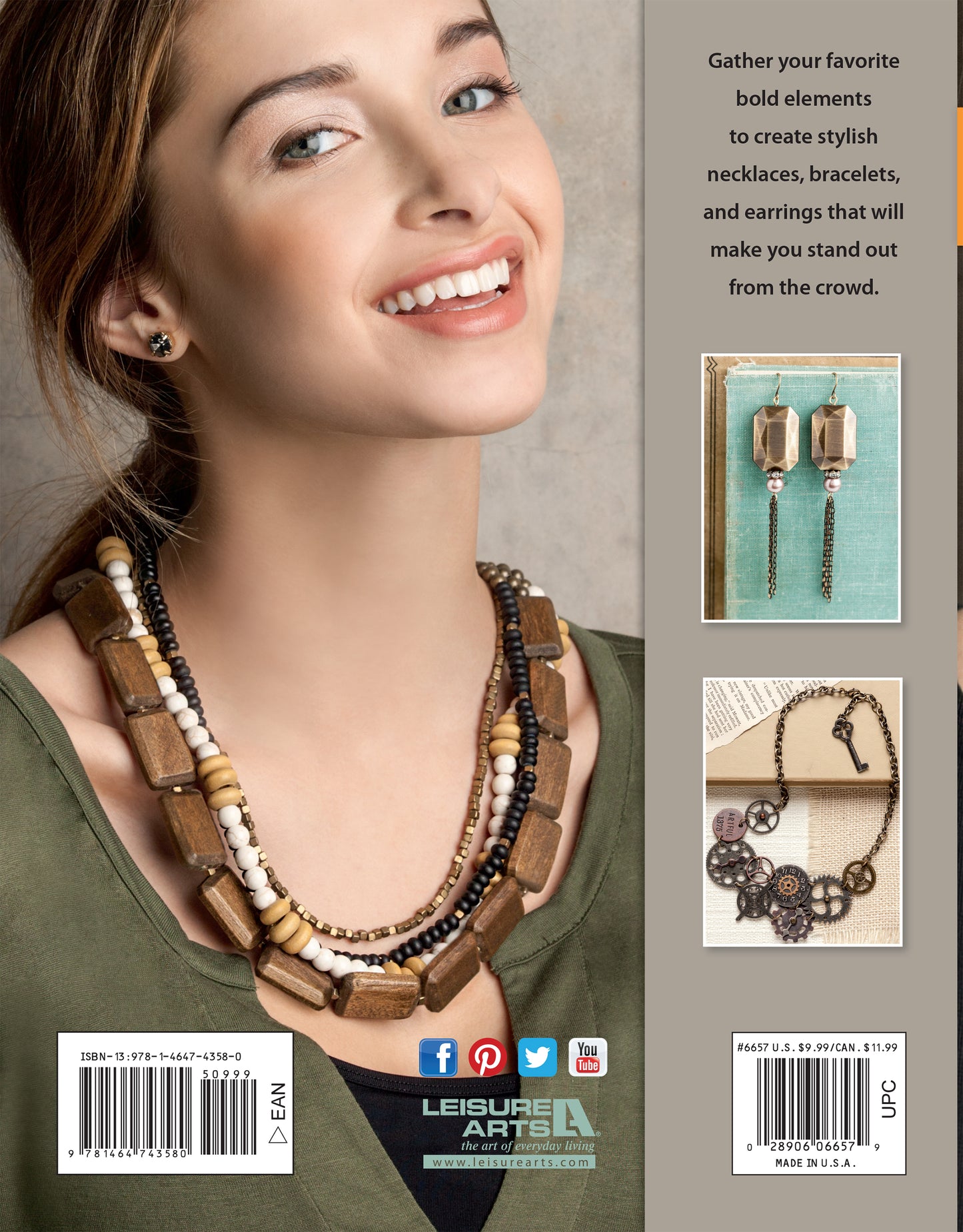 A smiling woman showcases Bold Unique Jewelry by Leisure Arts—layered brown and white beaded necklaces that make a statement. Close-up images of the accessories, jewelry set, social media icons, and a barcode appear to the right. Create to stand out!.