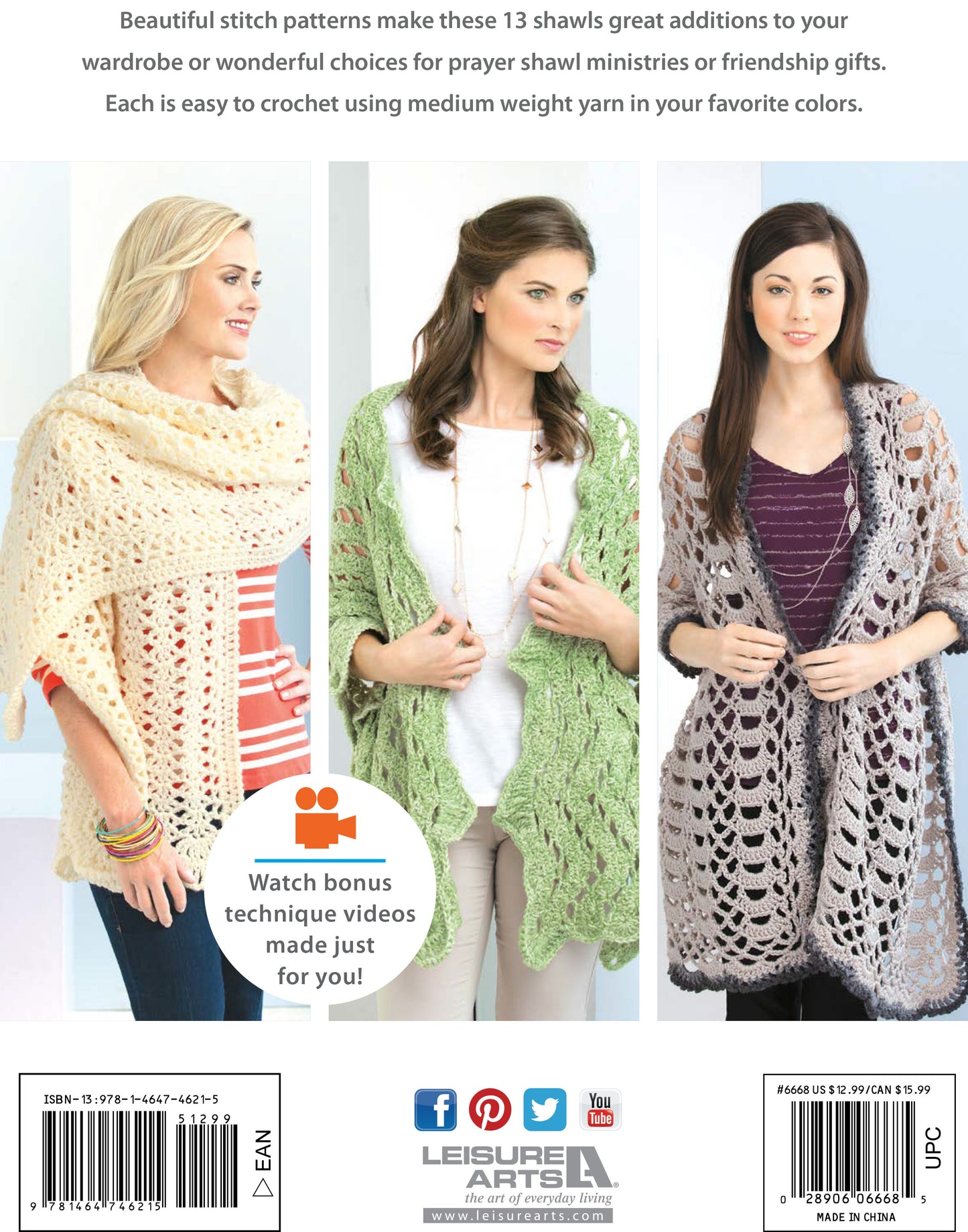 Three women model cream, green, and gray crocheted shawls with unique openwork, standing side by side. These designs are featured in the Leisure Arts pattern book "Crochet Shawls You'll Love.