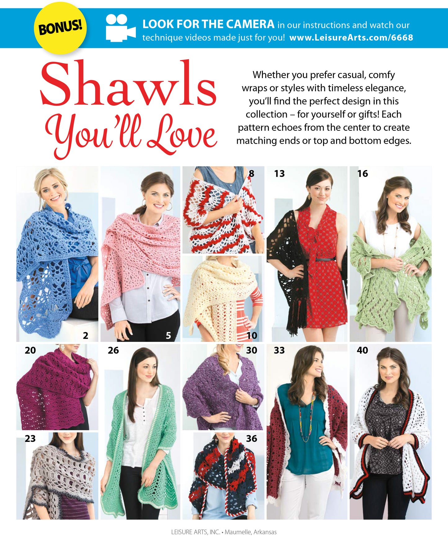 A collage of women modeling vibrant shawls made from worsted weight yarn, with text promoting "Crochet Shawls You'll Love" by Leisure Arts and offering links to step-by-step instructions and technique videos.