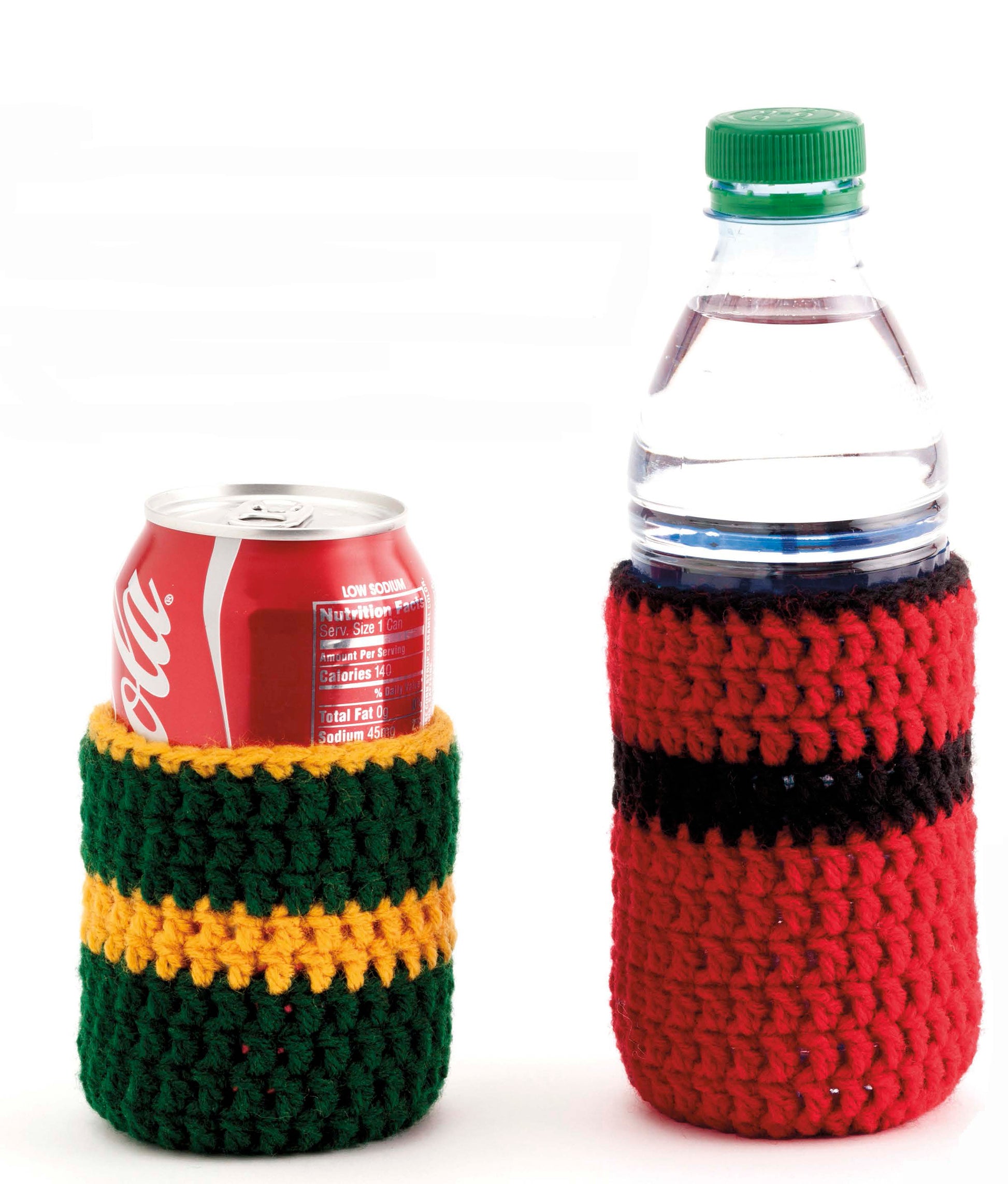 Home Team Gear by Leisure Arts: a red soda can in a green and yellow striped cozy, and a plastic water bottle in a red cozy with a black stripe—both wrapped in crocheted school spirit covers.